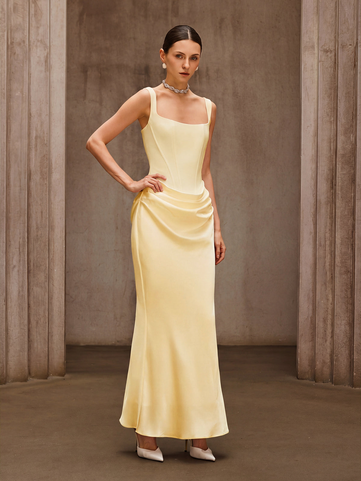 DUYEN BEIGE SLEEVELESS CORSET MAXI DRESS