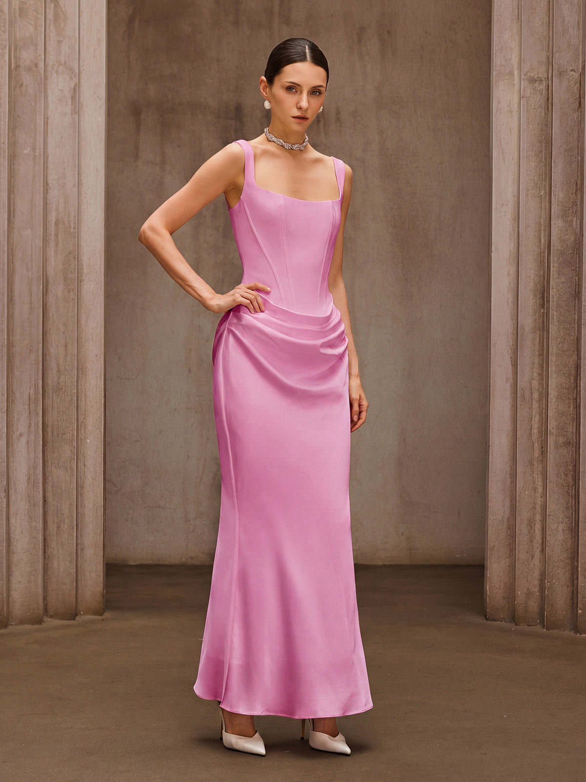 CLASSIC SLEEVELESS CORSET MAXI DRESS IN PINK