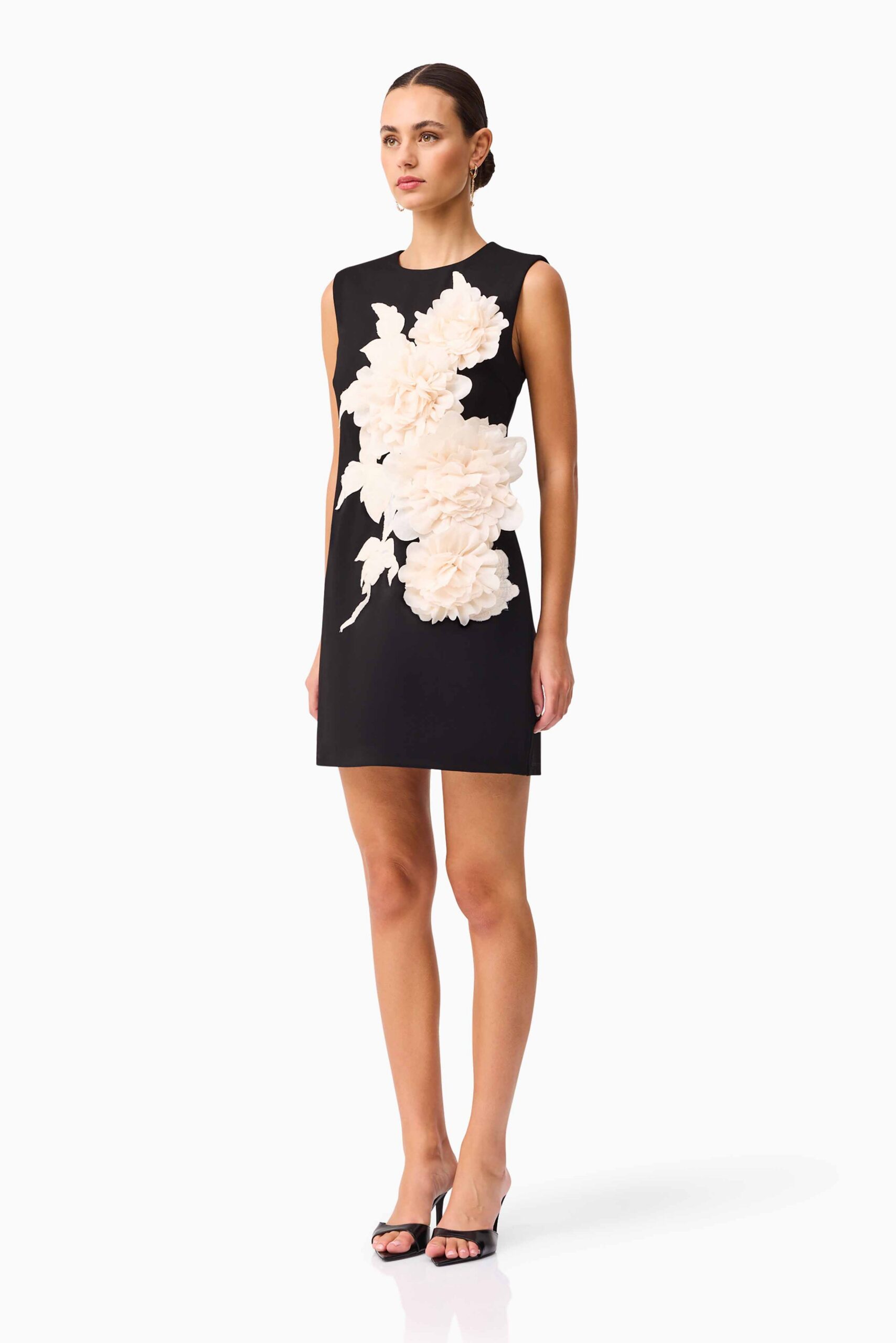 3D FLOWER MINI DRESS, BLACK, COCKTAIL PARTY