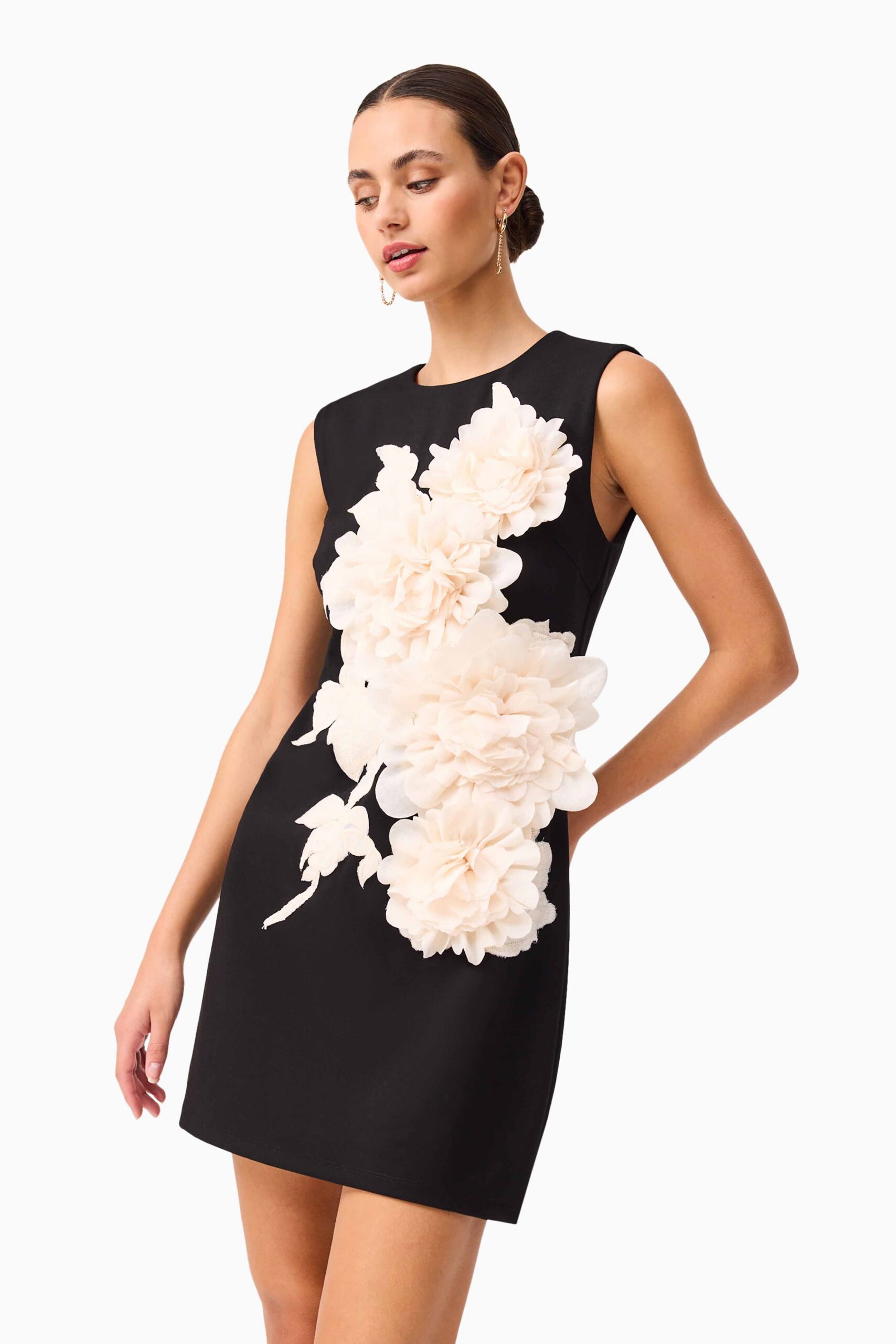 3D FLOWER MINI DRESS, BLACK, COCKTAIL PARTY