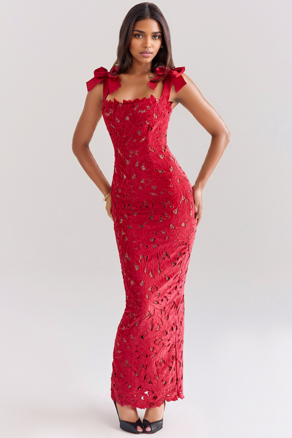 HERMOSA RED EMBROIDERED LACE MAXI DRESS