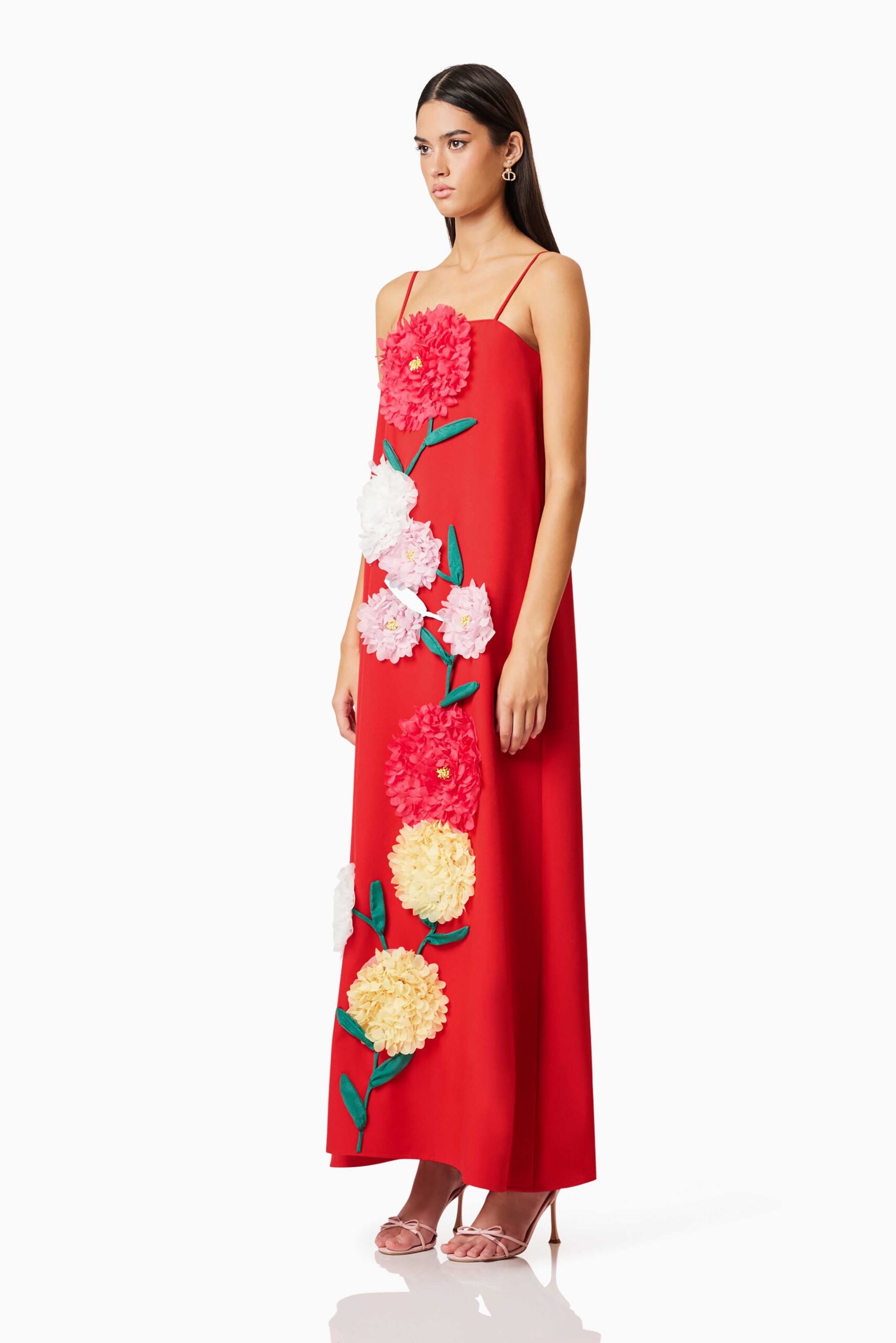 JUDY BUTTERCUP RED EMBROIDERED MAXI DRESS