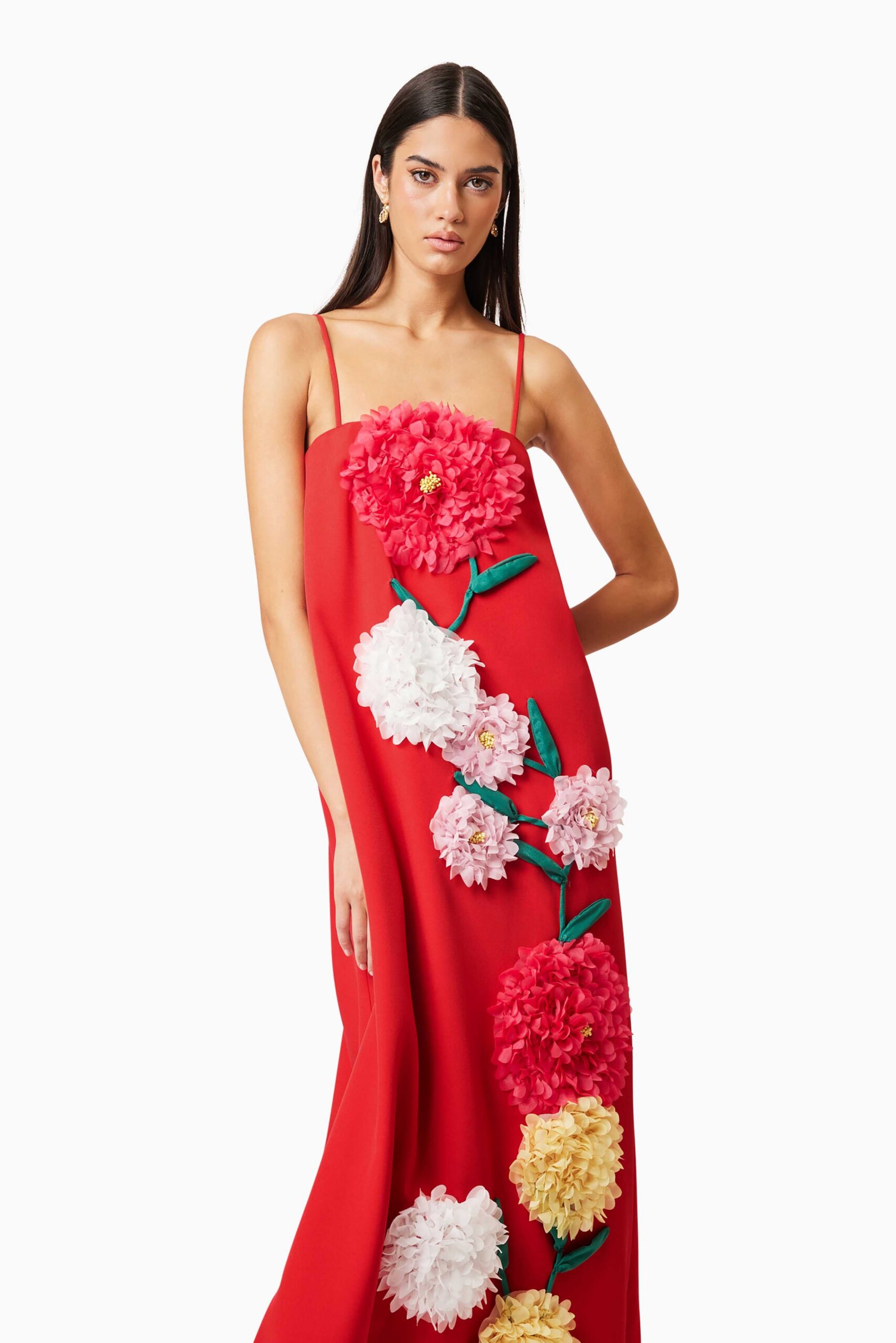 JUDY BUTTERCUP RED EMBROIDERED MAXI DRESS