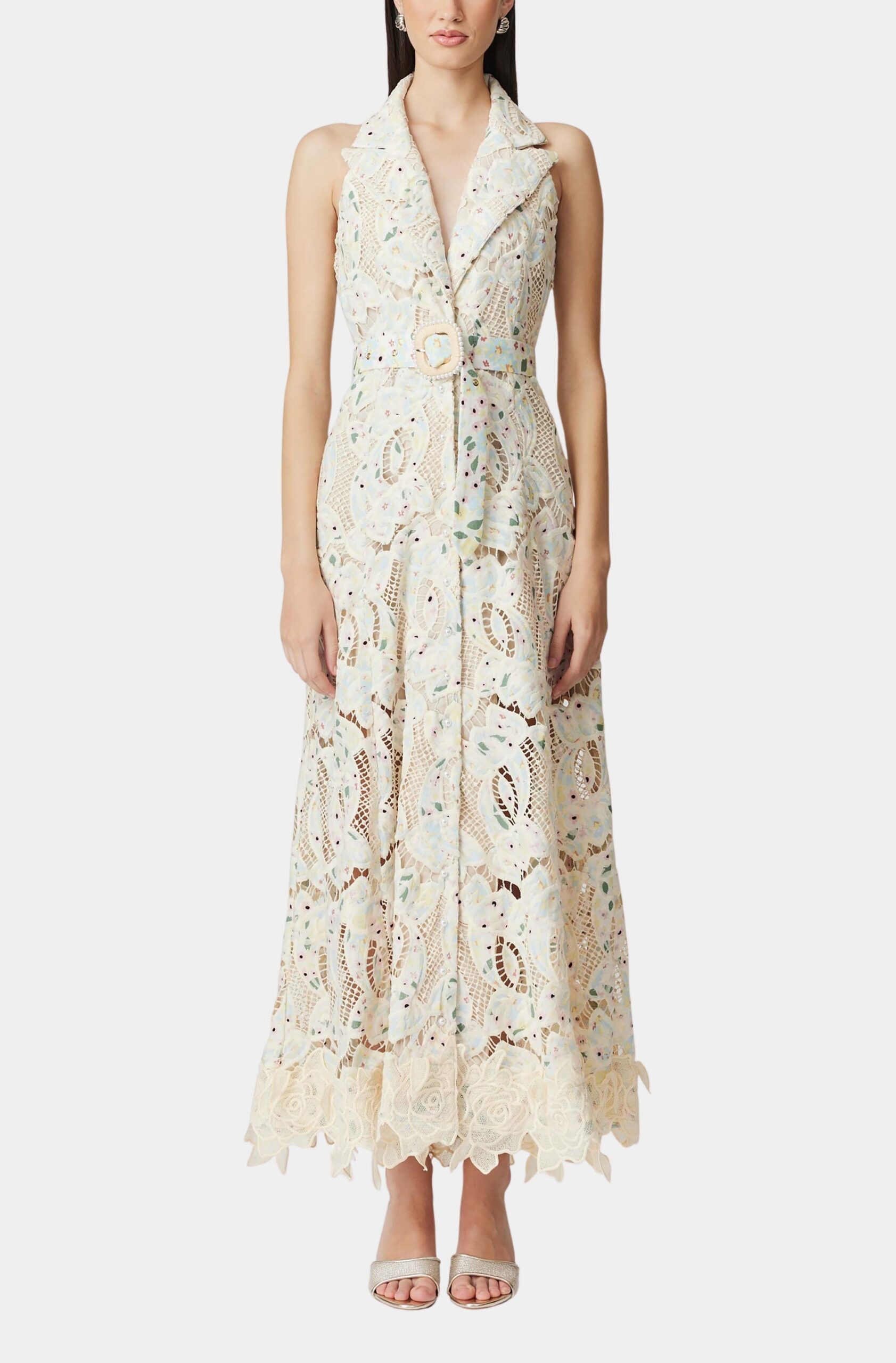 CHLOE SLEEVELESS LACE MAXI DRESS, BEIGE HOLLOW WEDDING GUEST