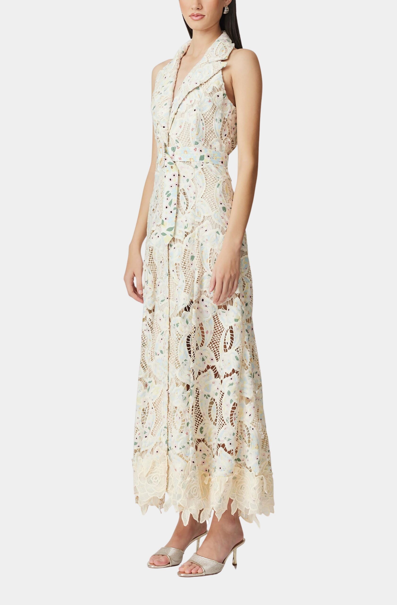 CHLOE SLEEVELESS LACE MAXI DRESS, BEIGE HOLLOW WEDDING GUEST
