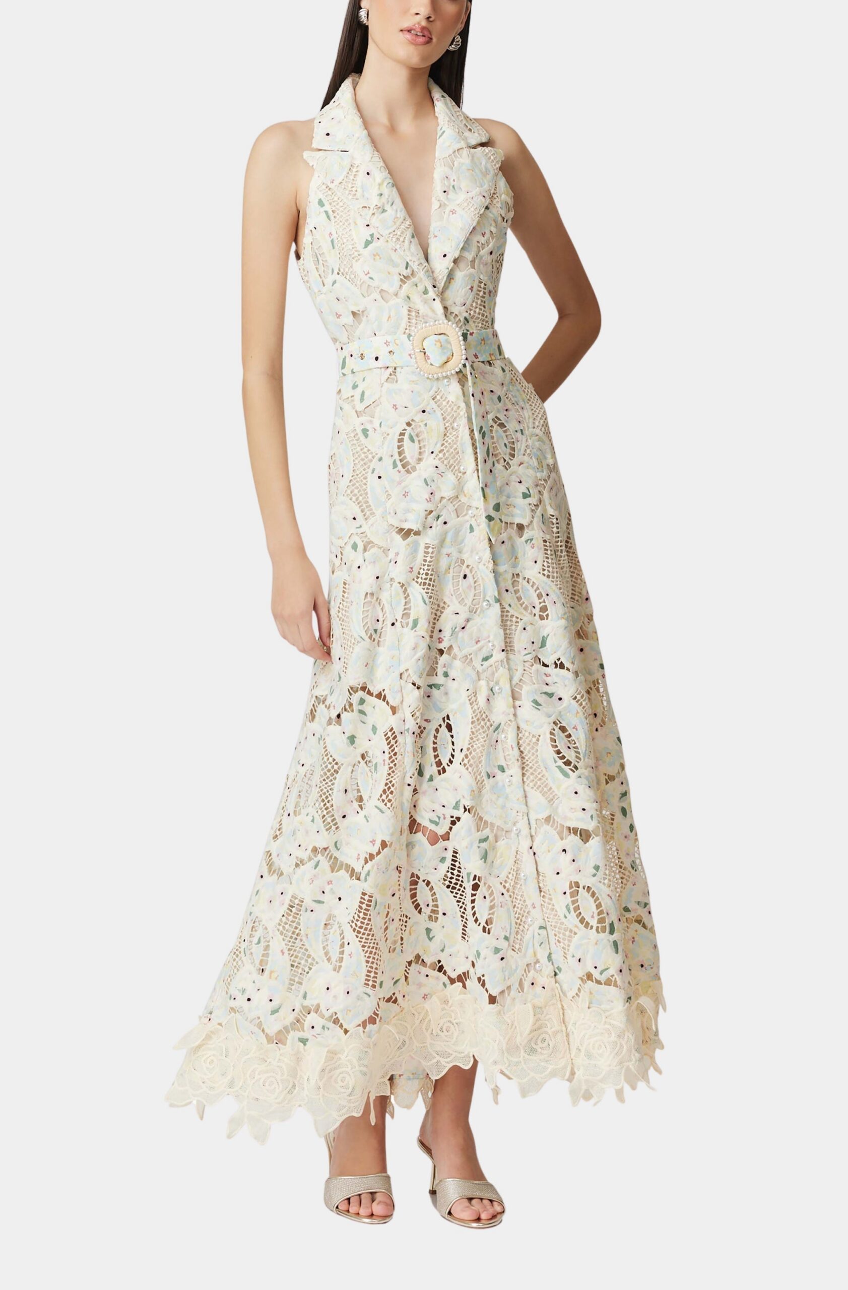 CHLOE SLEEVELESS LACE MAXI DRESS, BEIGE HOLLOW WEDDING GUEST