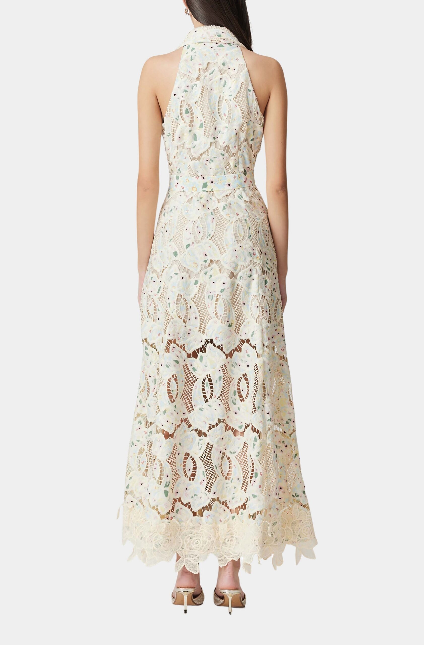 CHLOE SLEEVELESS LACE MAXI DRESS, BEIGE HOLLOW WEDDING GUEST