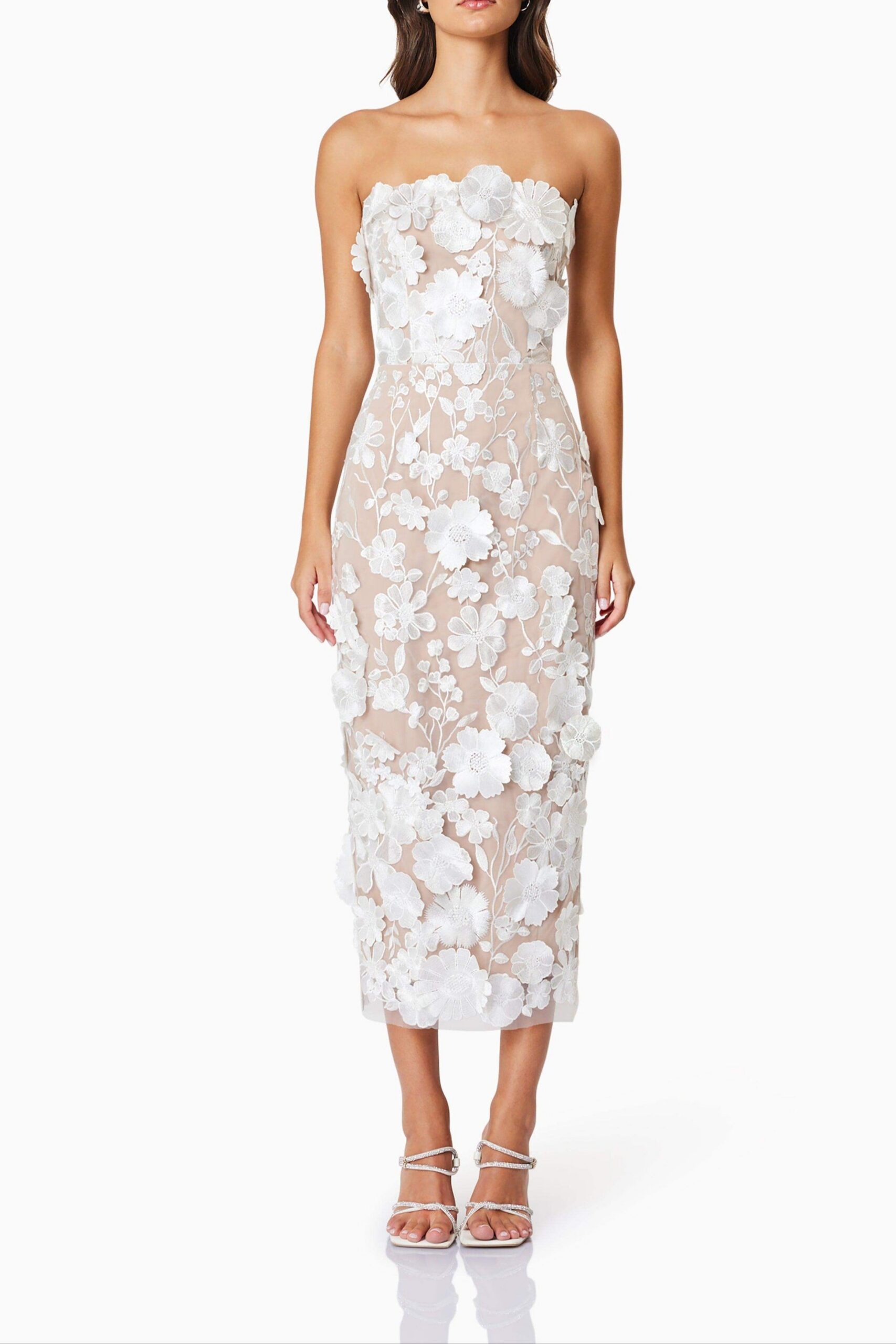 HELENA STRAPLESS WHITE MIDI DRESS FOR WEDDING GUEST