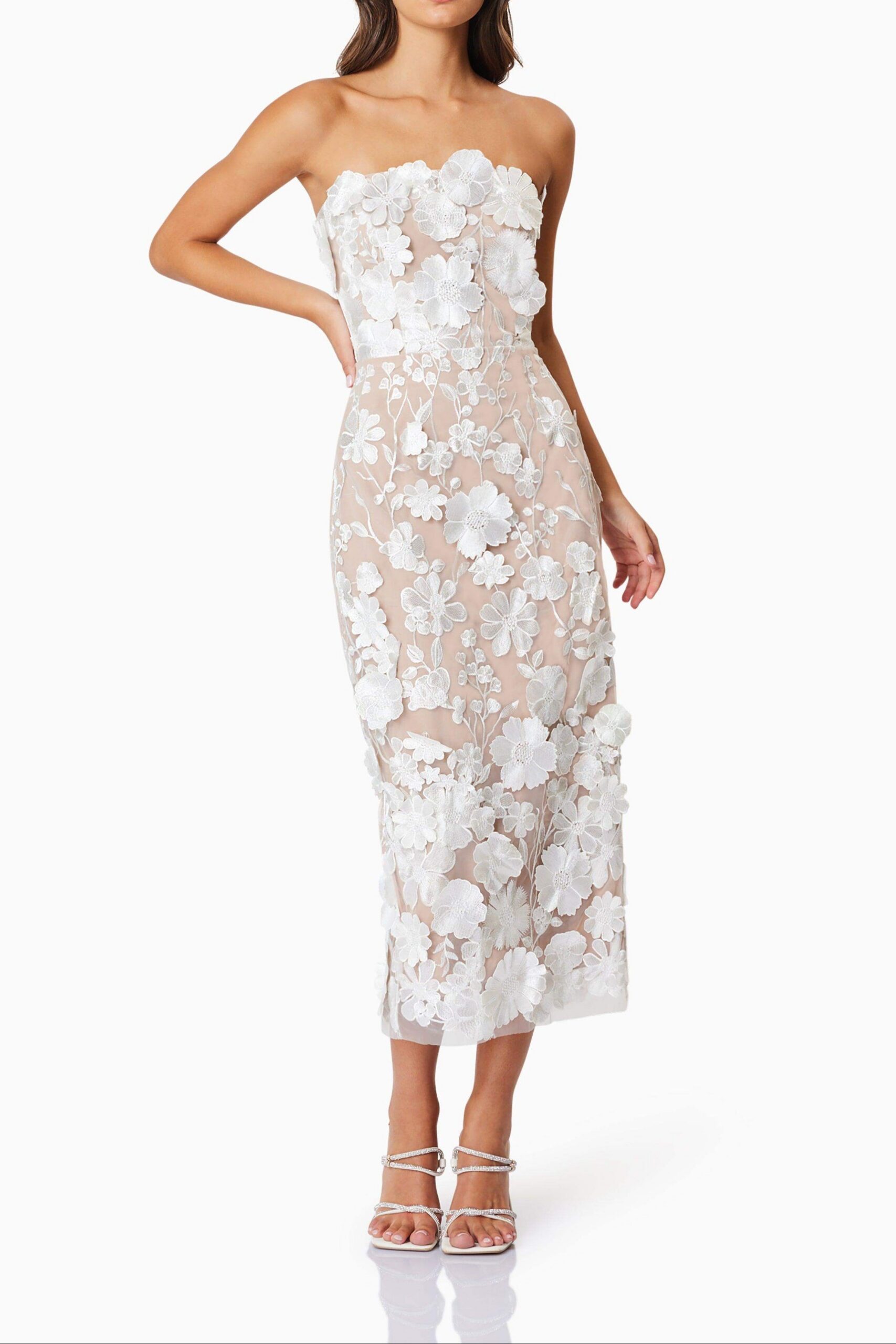 HELENA STRAPLESS WHITE MIDI DRESS FOR WEDDING GUEST