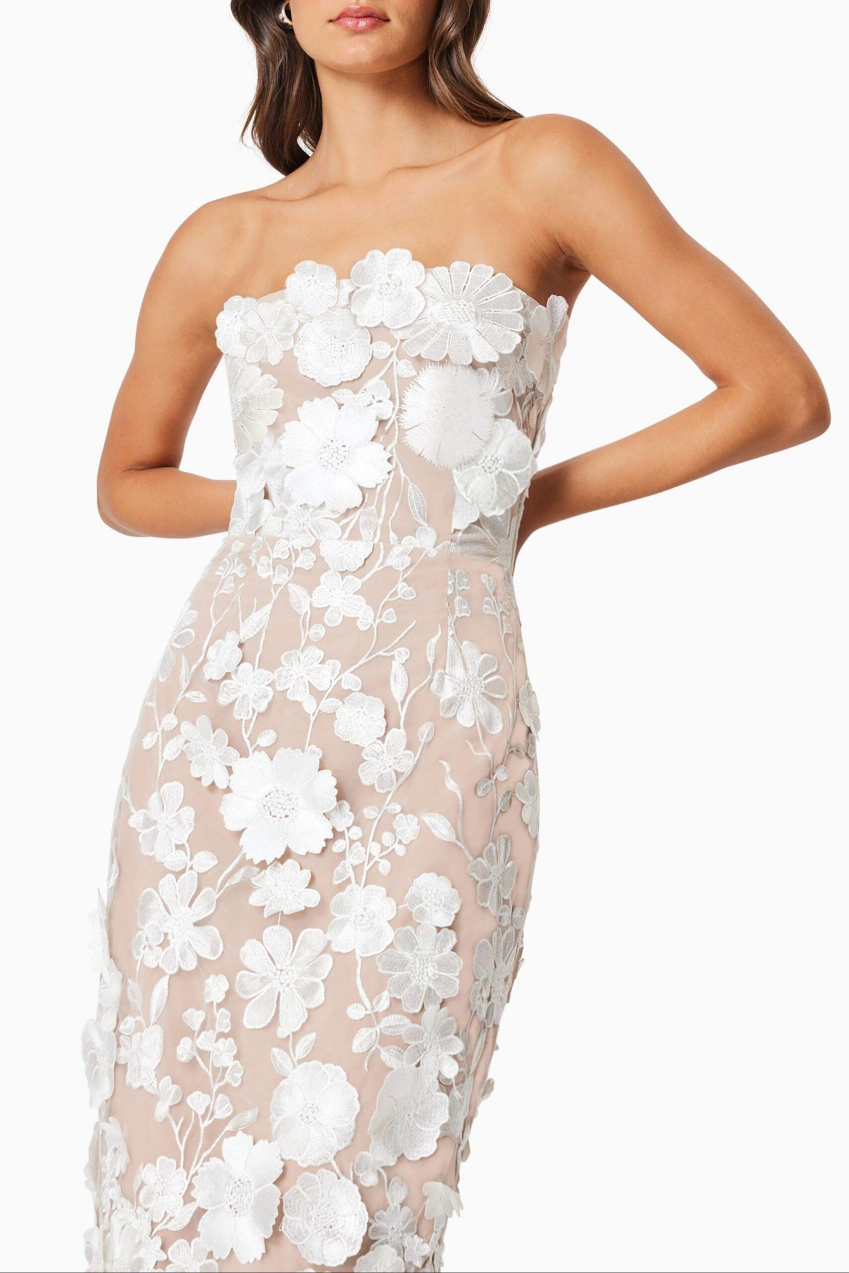 HELENA STRAPLESS WHITE MIDI DRESS FOR WEDDING GUEST