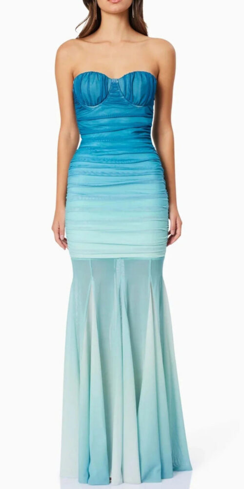 Gradient Mesh Splicing Bodycon Strapless Maxi Dress In Blue - gradient blue evening dress - mermaid gown for prom night Gradient Mesh Splicing Bodycon Strapless Maxi Dress In Blue - gradient blue evening dress - mermaid gown for prom night
