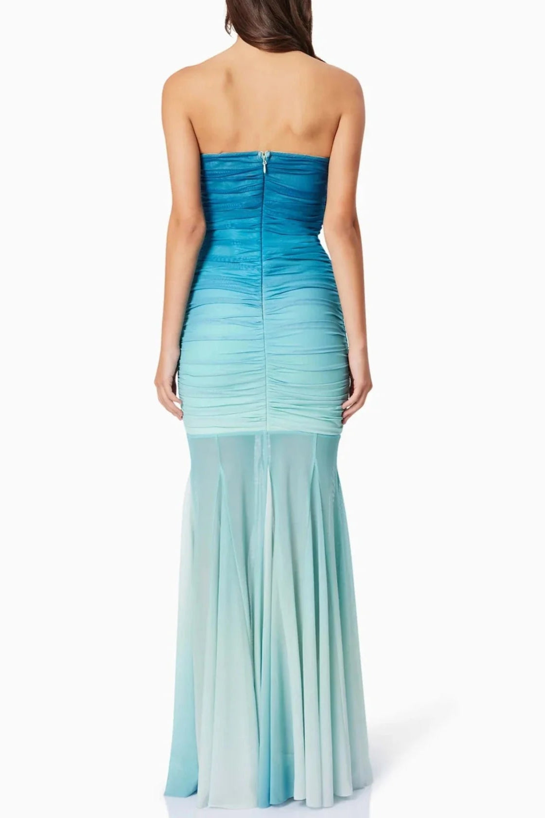 GRADIENT MESH SPLICING BODYCON STRAPLESS MAXI DRESS BLUE