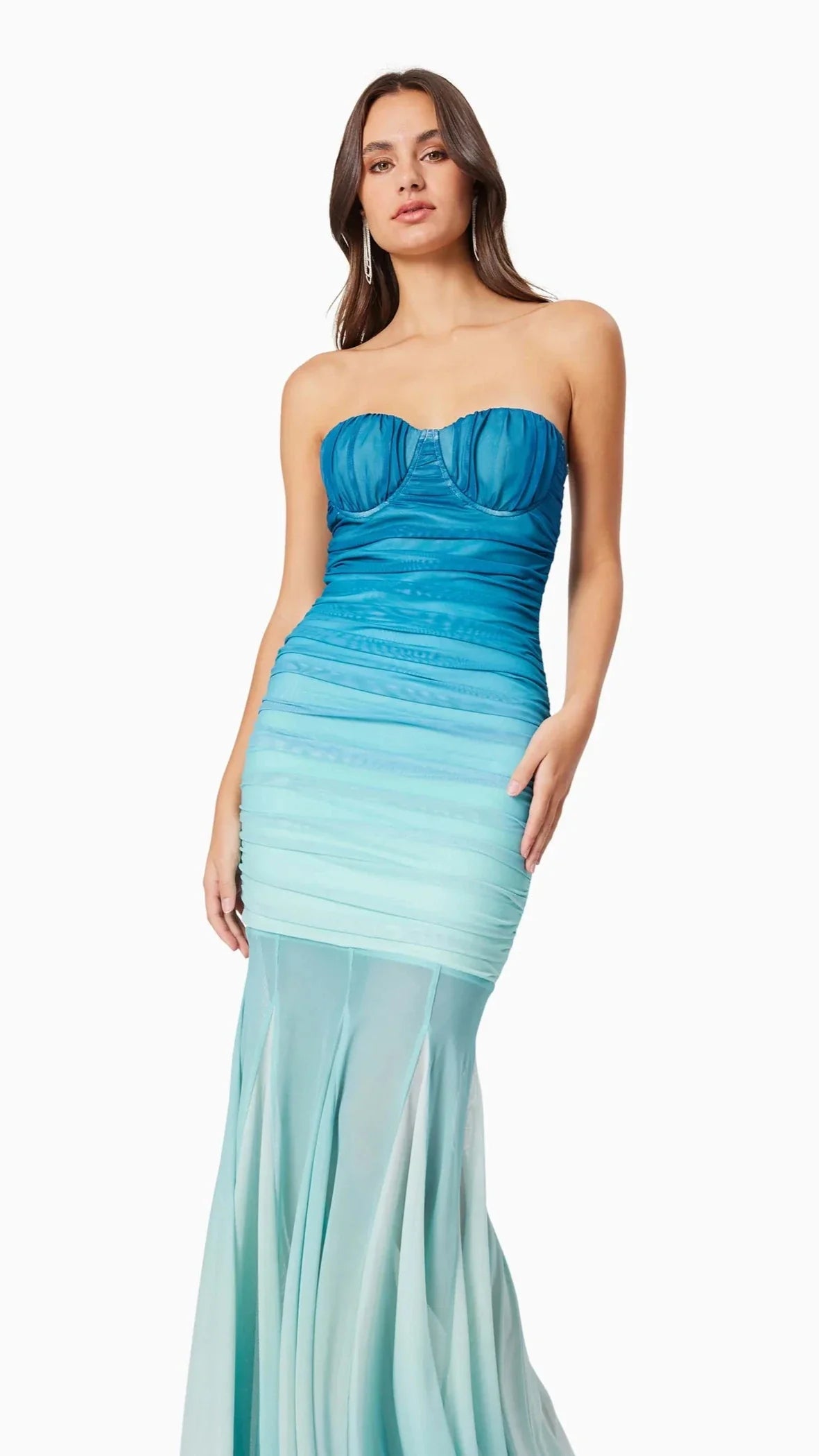 GRADIENT MESH SPLICING BODYCON STRAPLESS MAXI DRESS BLUE