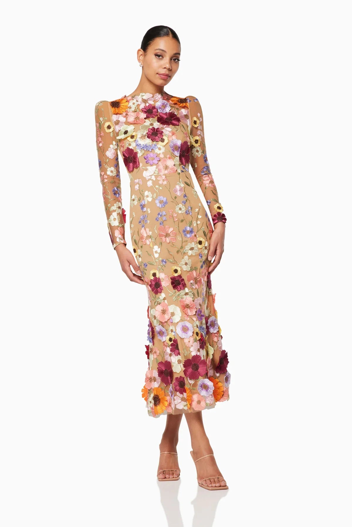SHANNON 3D FLORAL MIDI DRESS FOR WEDDING GUEST