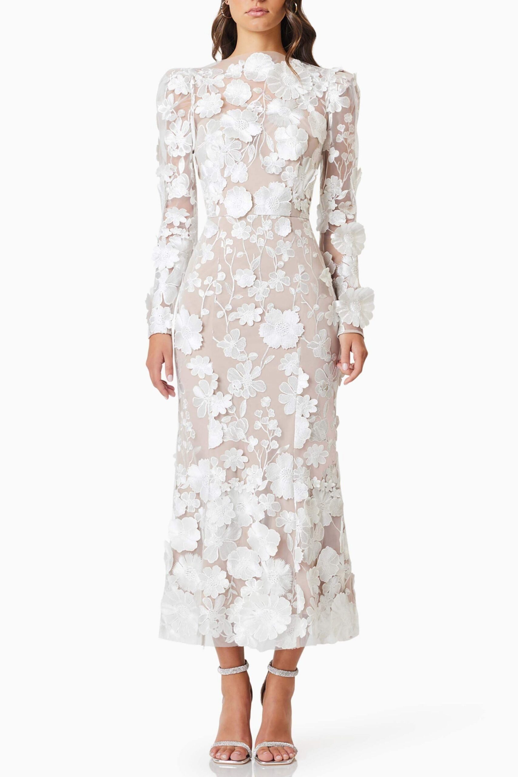 SHANNON 3D FLORAL WHITE MIDI DRESS FOR WEDDING