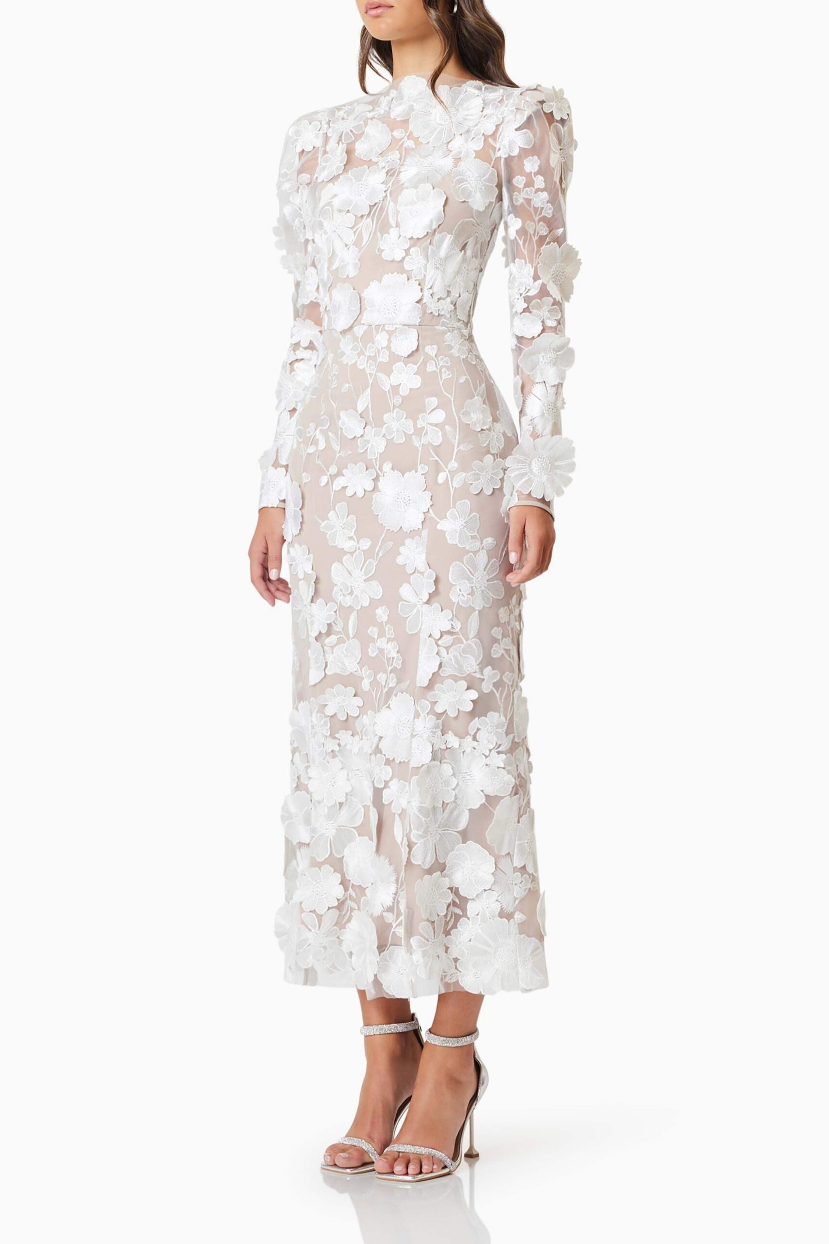 SHANNON 3D FLORAL WHITE MIDI DRESS FOR WEDDING