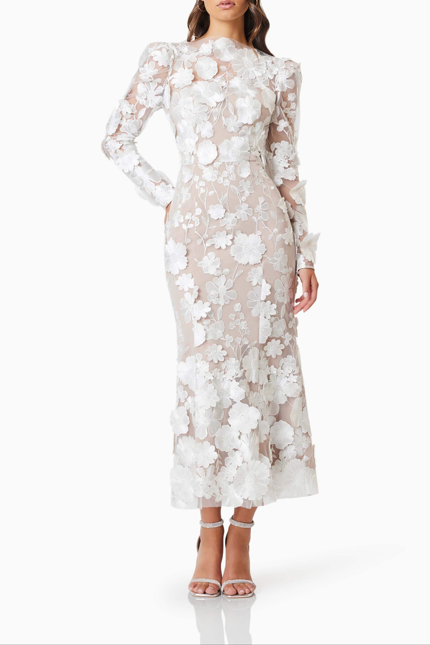 SHANNON 3D FLORAL WHITE MIDI DRESS FOR WEDDING