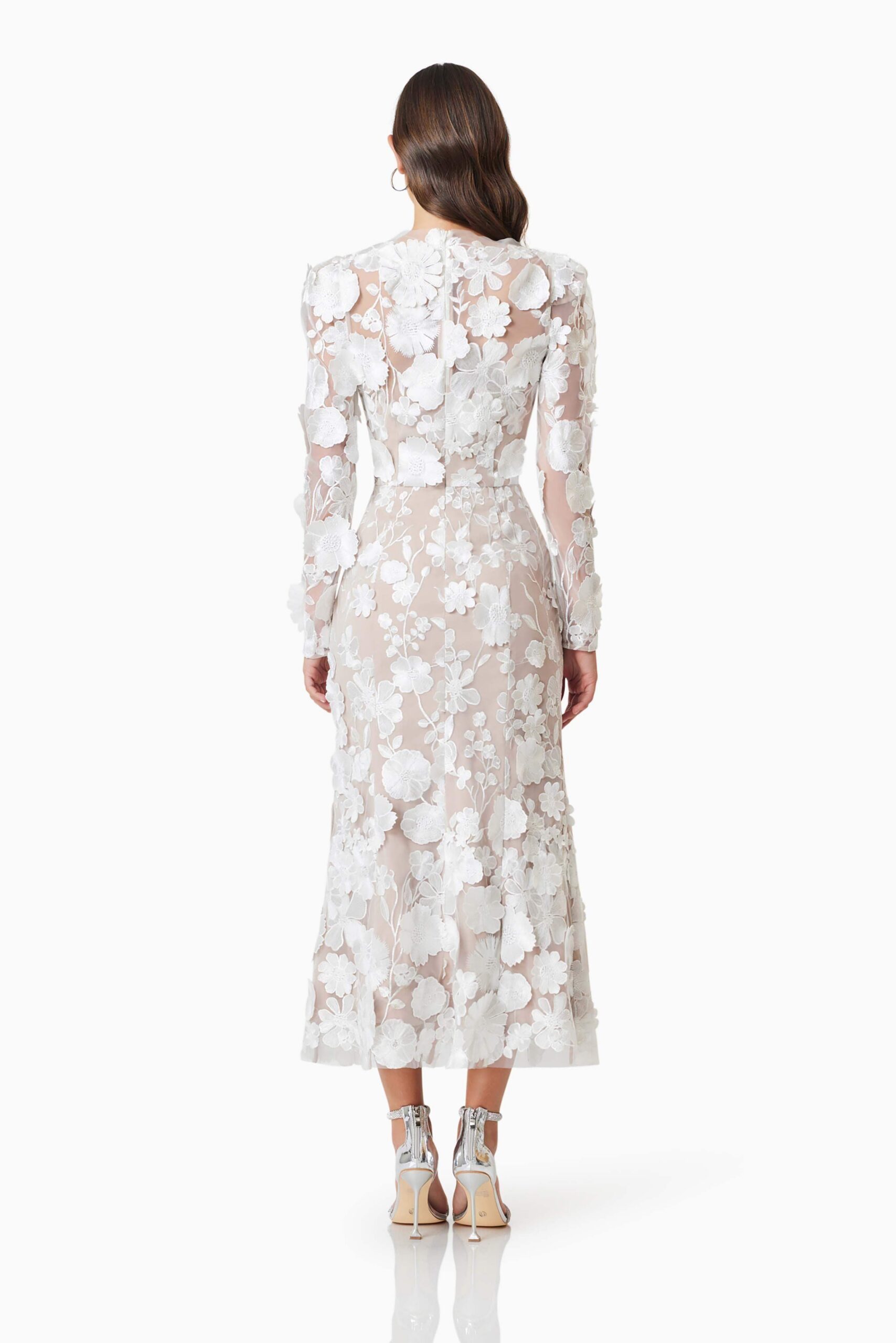 SHANNON 3D FLORAL WHITE MIDI DRESS FOR WEDDING