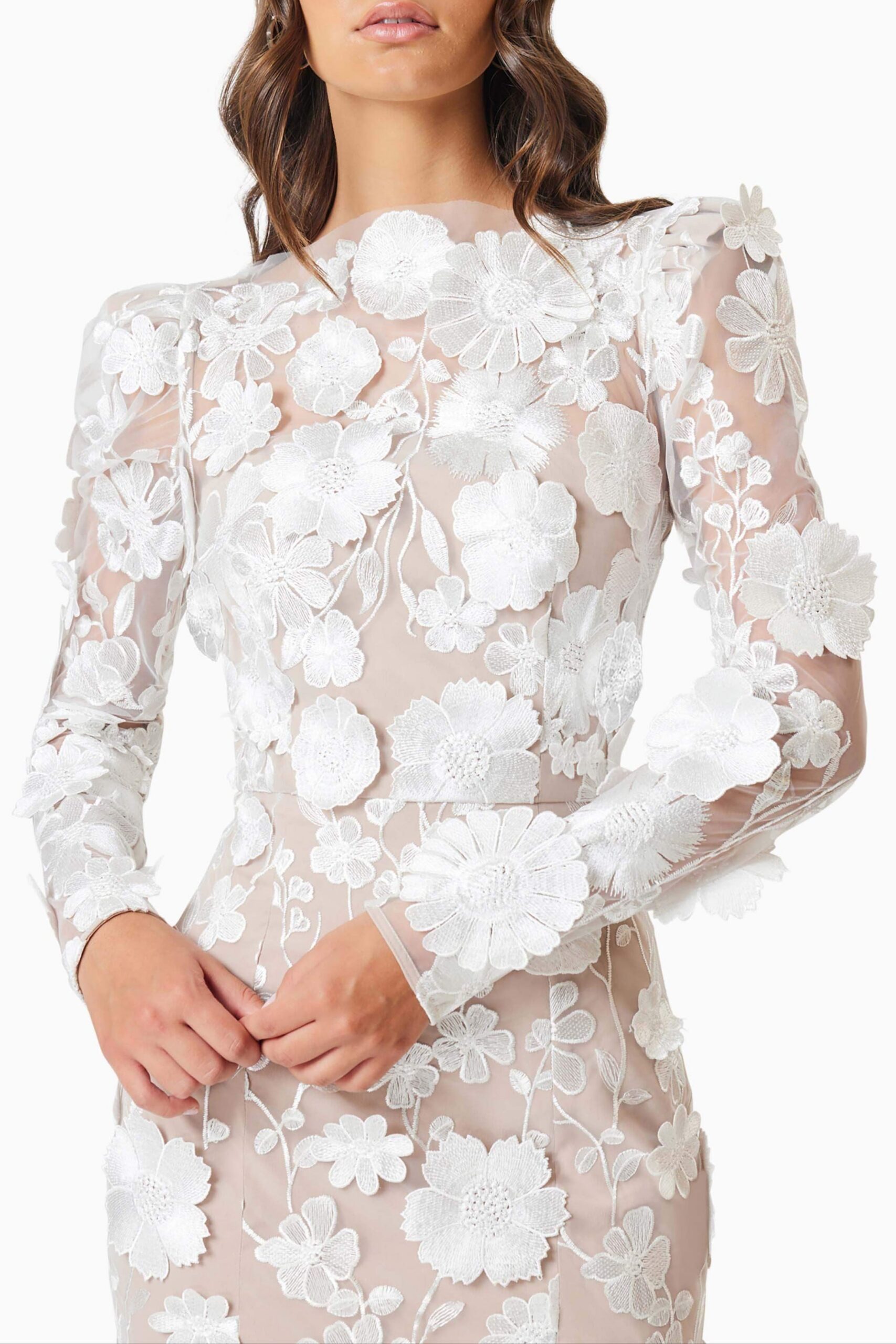 SHANNON 3D FLORAL WHITE MIDI DRESS FOR WEDDING
