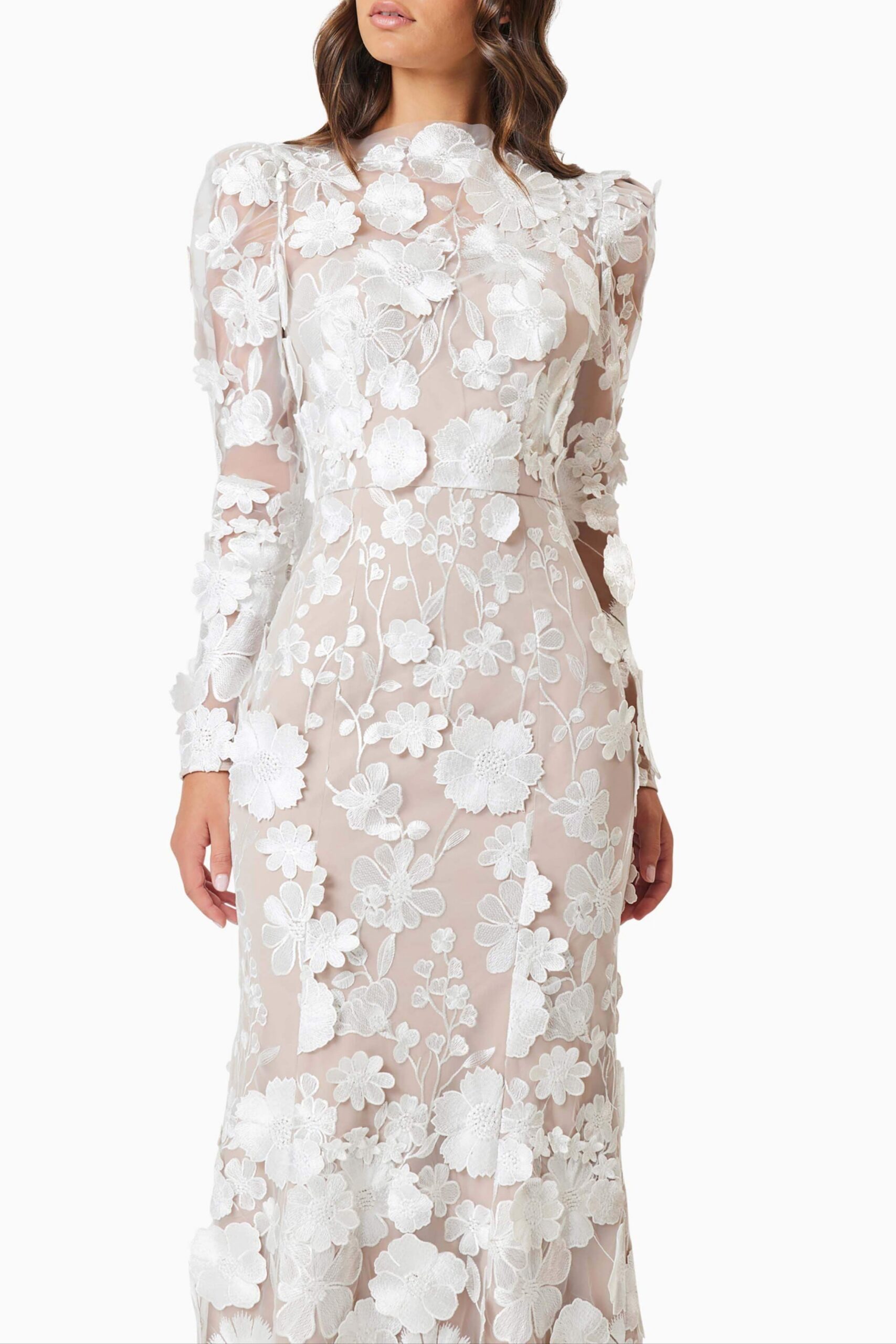 SHANNON 3D FLORAL WHITE MIDI DRESS FOR WEDDING
