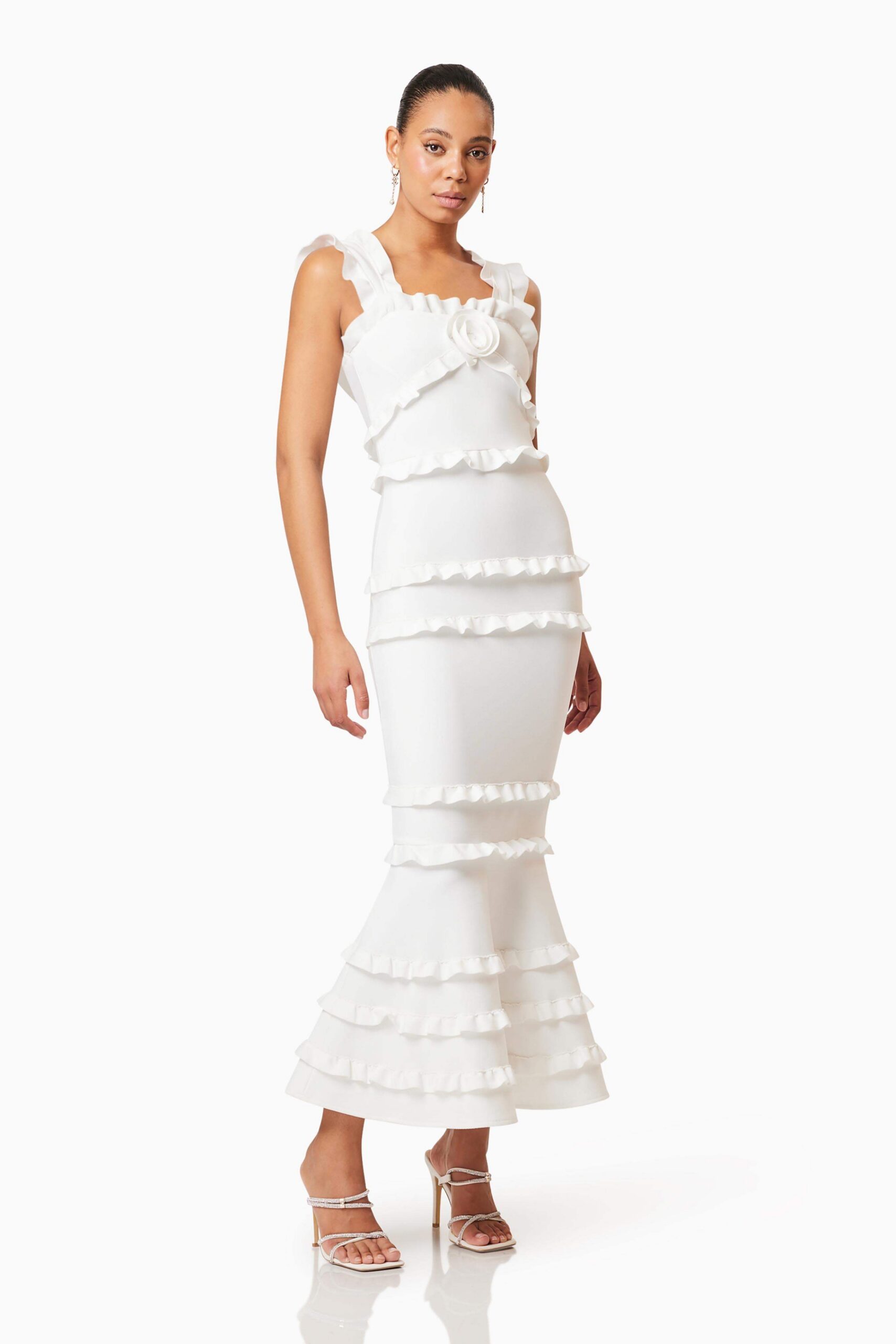 JOSEPHINE FRILL MAXI DRESS WHITE WEDDING GUEST