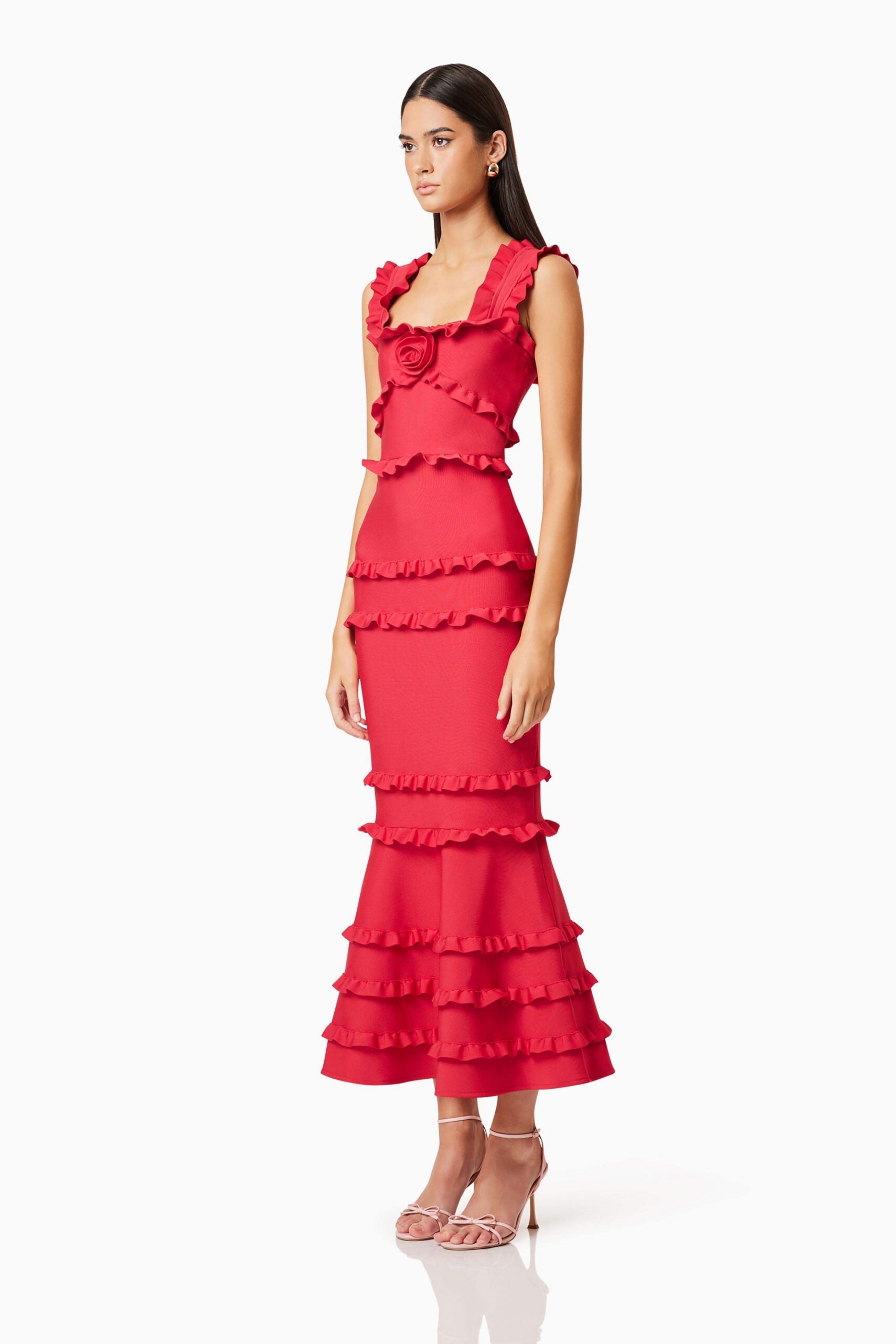JOSEPHINE RED FRILL MAXI DRESS FOR FORMAL OCCASIONS