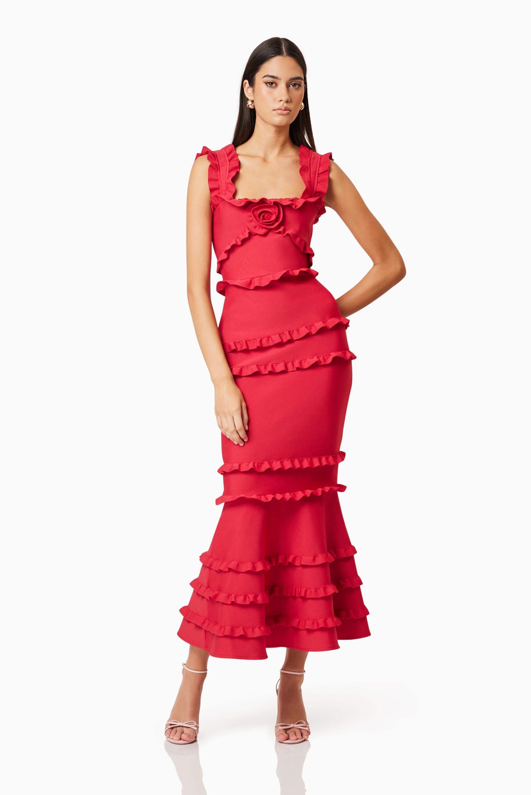 JOSEPHINE RED FRILL MAXI DRESS FOR FORMAL OCCASIONS