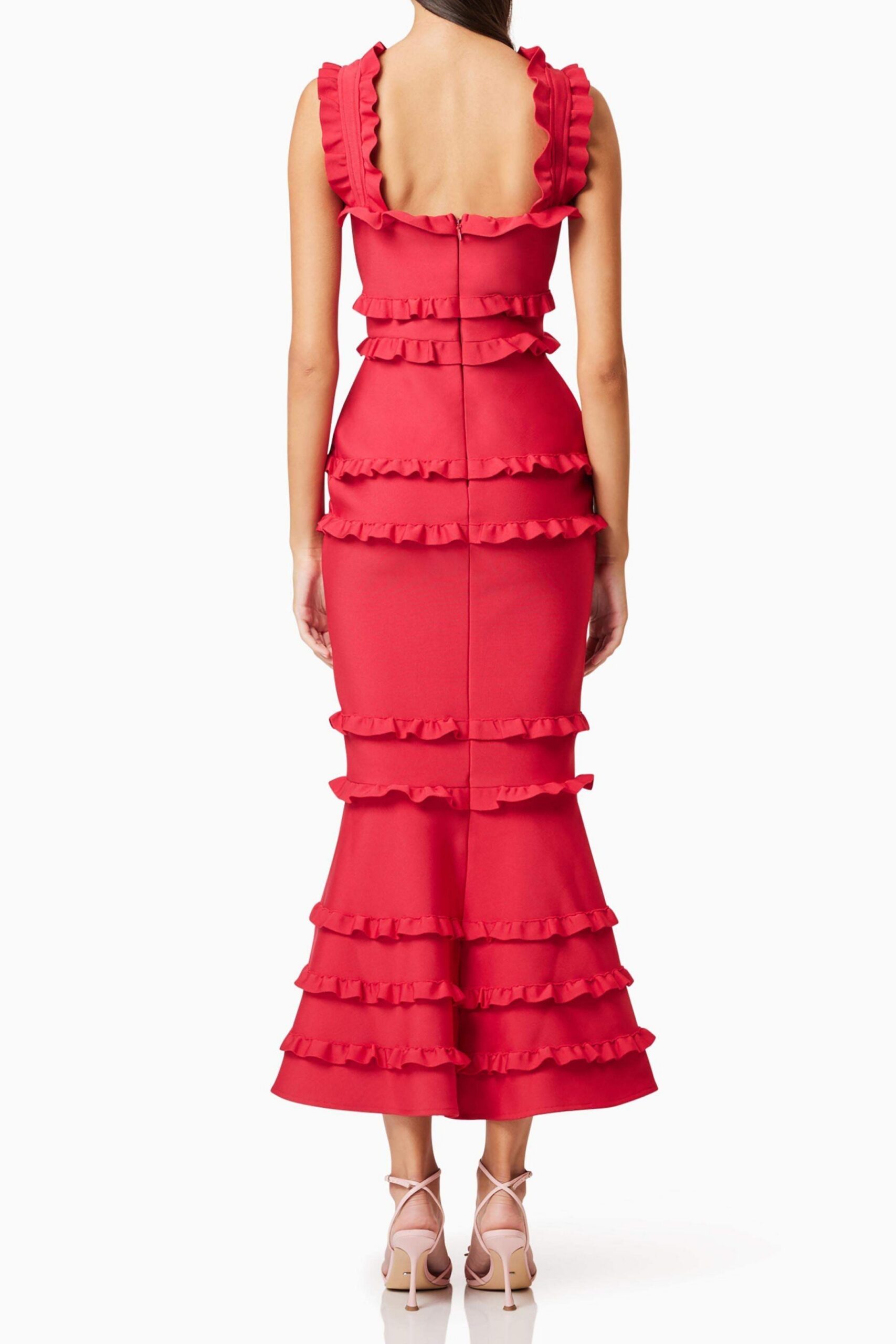 JOSEPHINE RED FRILL MAXI DRESS FOR FORMAL OCCASIONS