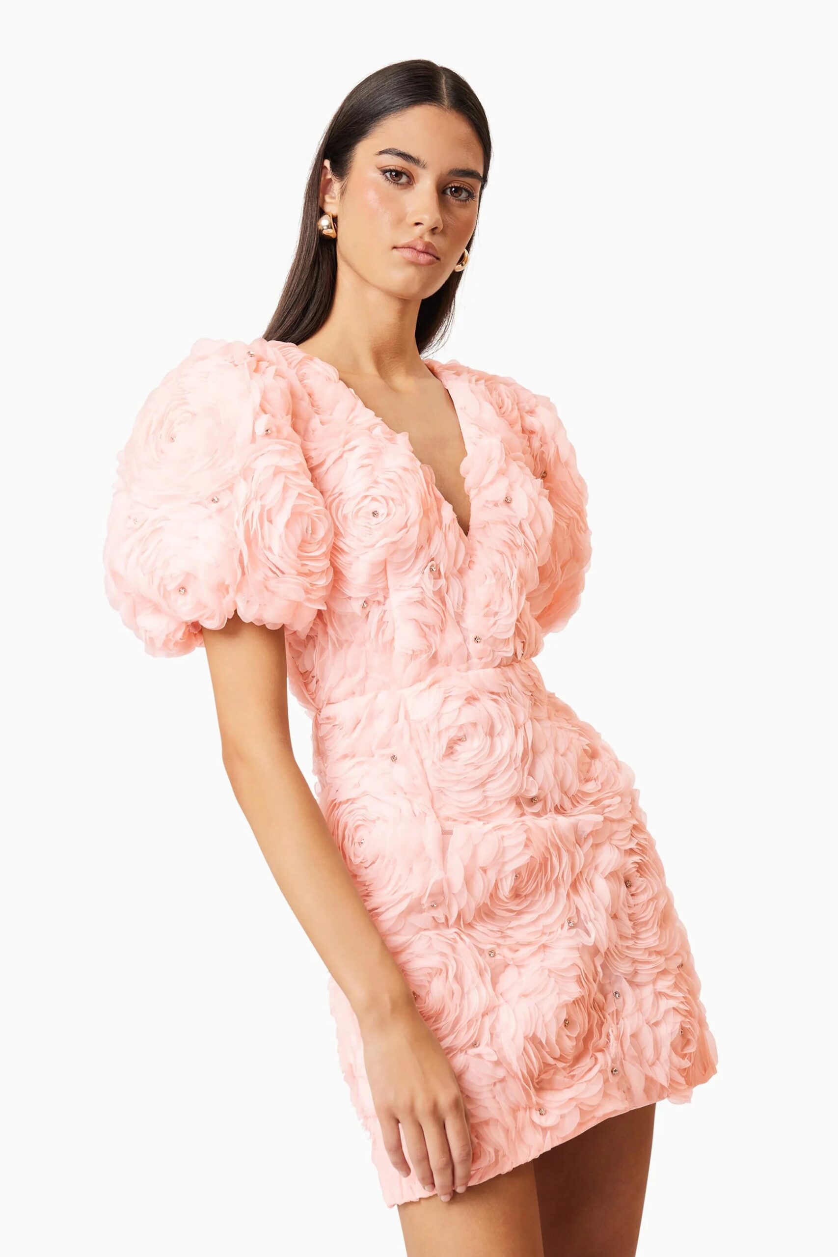 V-NECK PUFF SLEEVE FLOWER MINI DRESS IN BALLET PINK