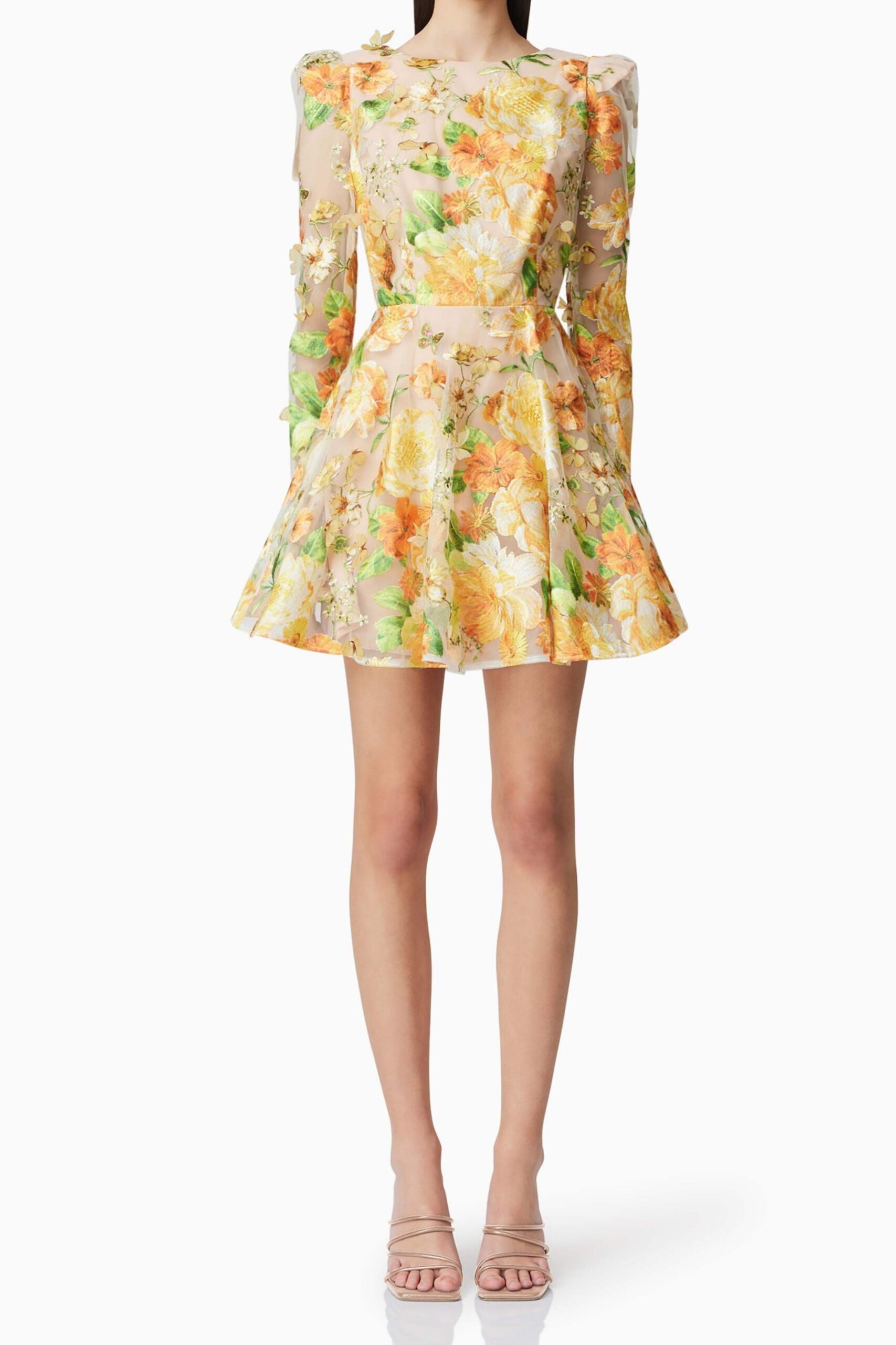 EC6032513_YELLOWMULTI_1 AELLA YELLOW FLORAL A-LINE MINI DRESS FOR PARTIES