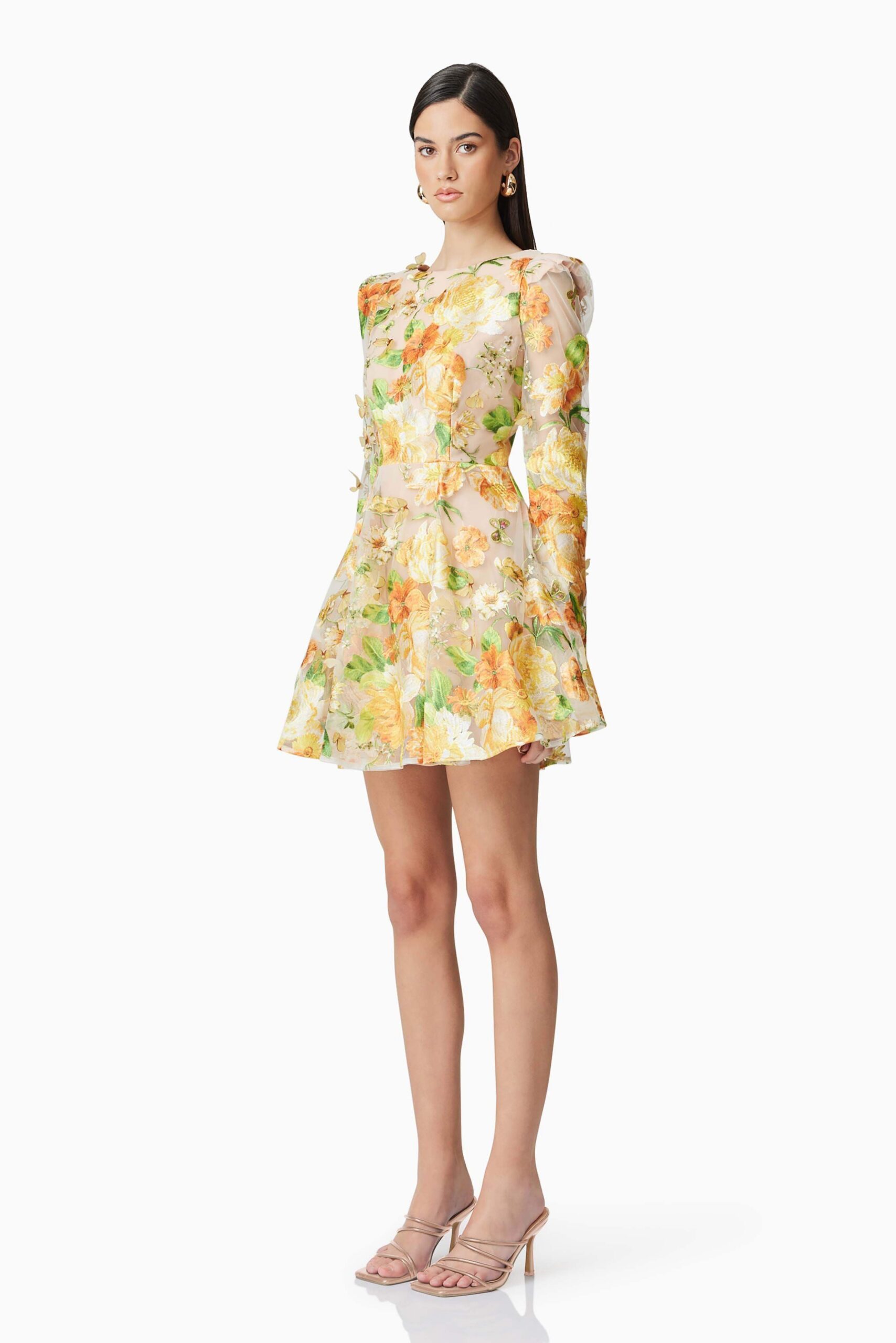 AELLA YELLOW FLORAL A-LINE MINI DRESS FOR PARTIES