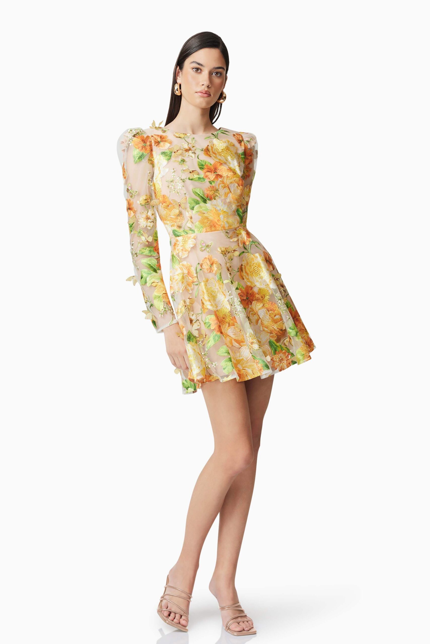 AELLA YELLOW FLORAL A-LINE MINI DRESS FOR PARTIES