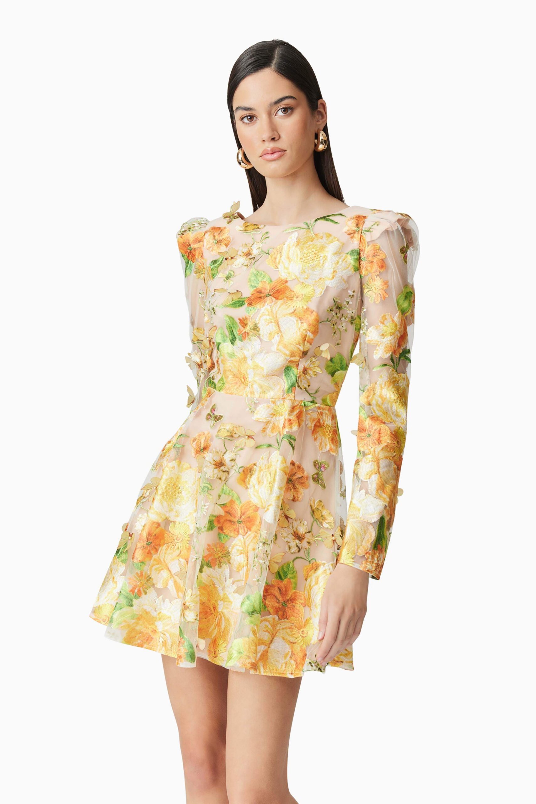 AELLA YELLOW FLORAL A-LINE MINI DRESS FOR PARTIES