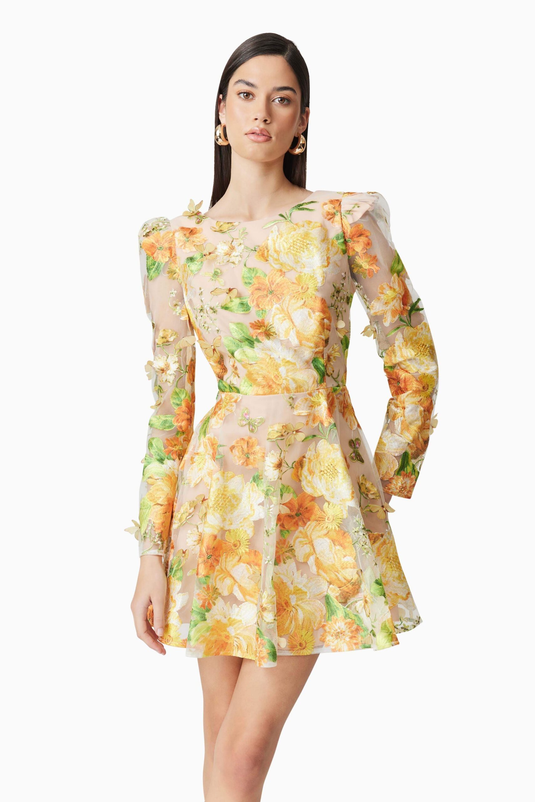 AELLA YELLOW FLORAL A-LINE MINI DRESS FOR PARTIES