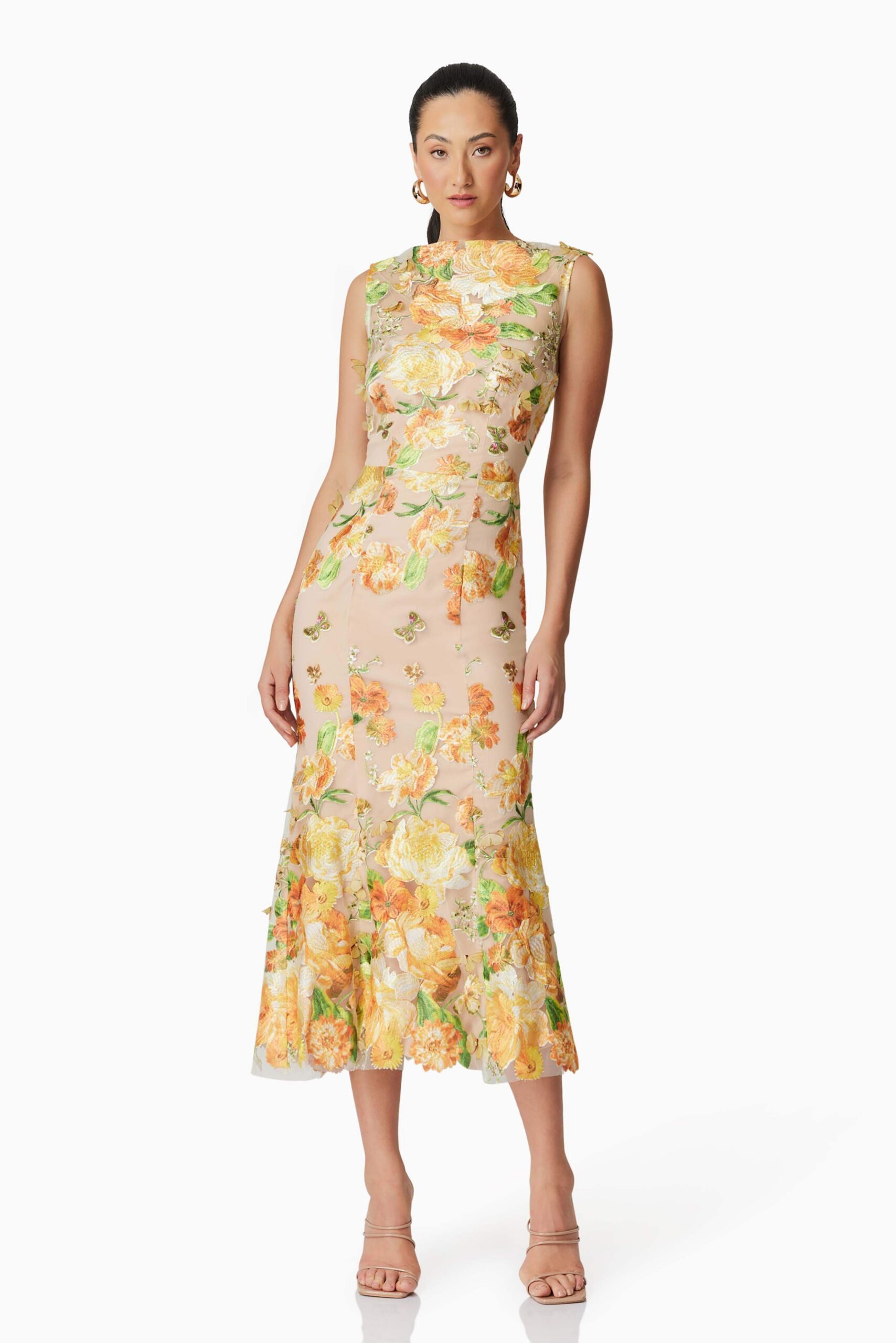YELLOW 3D FLORAL EMBROIDERED MIDI DRESS FOR WEDDING GUEST