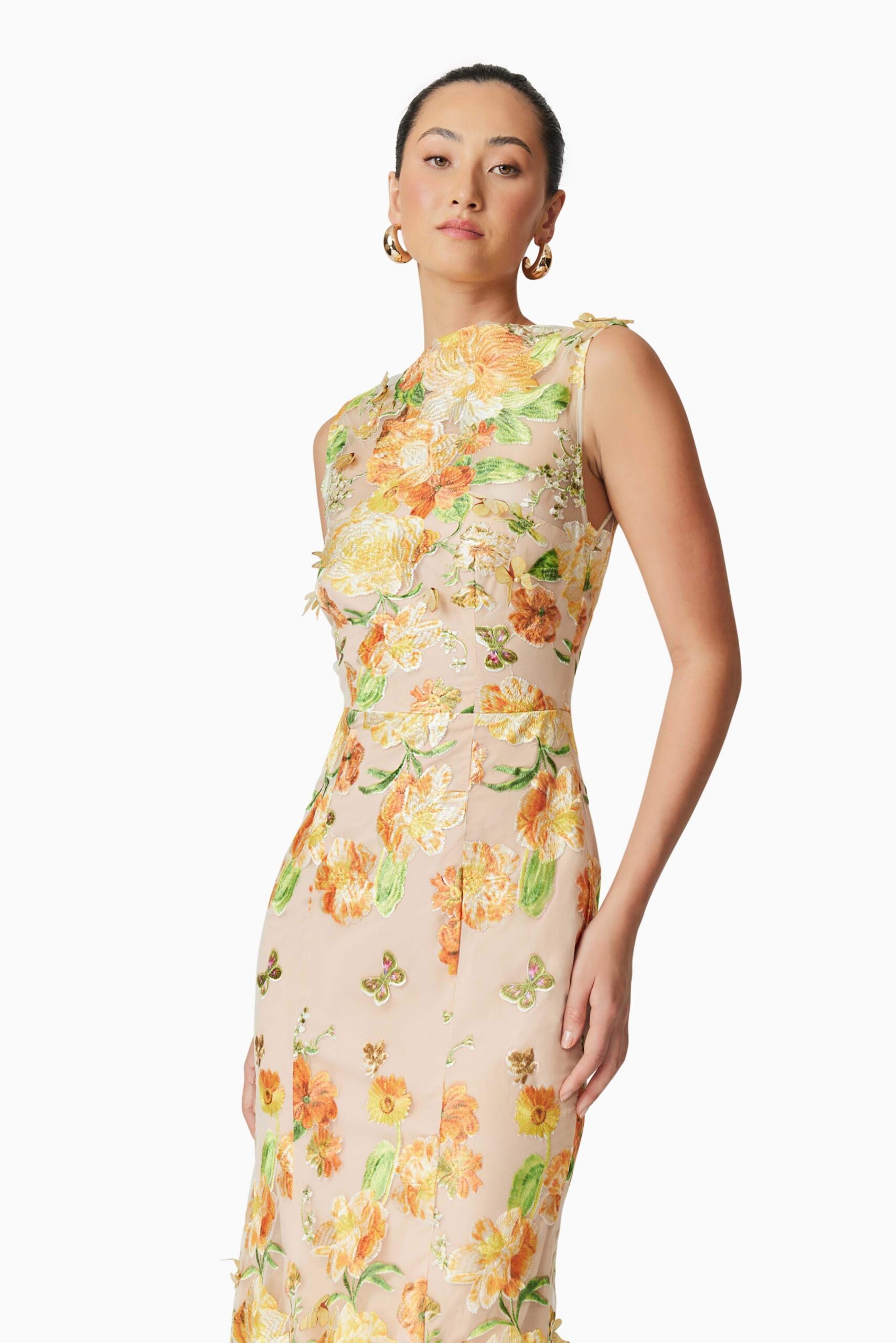 YELLOW 3D FLORAL EMBROIDERED MIDI DRESS FOR WEDDING GUEST