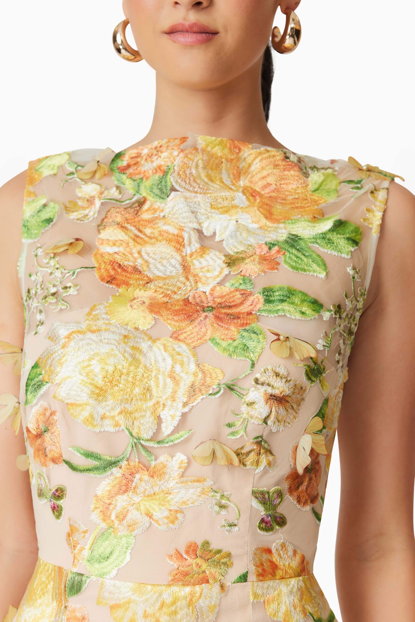 YELLOW 3D FLORAL EMBROIDERED MIDI DRESS FOR WEDDING GUEST