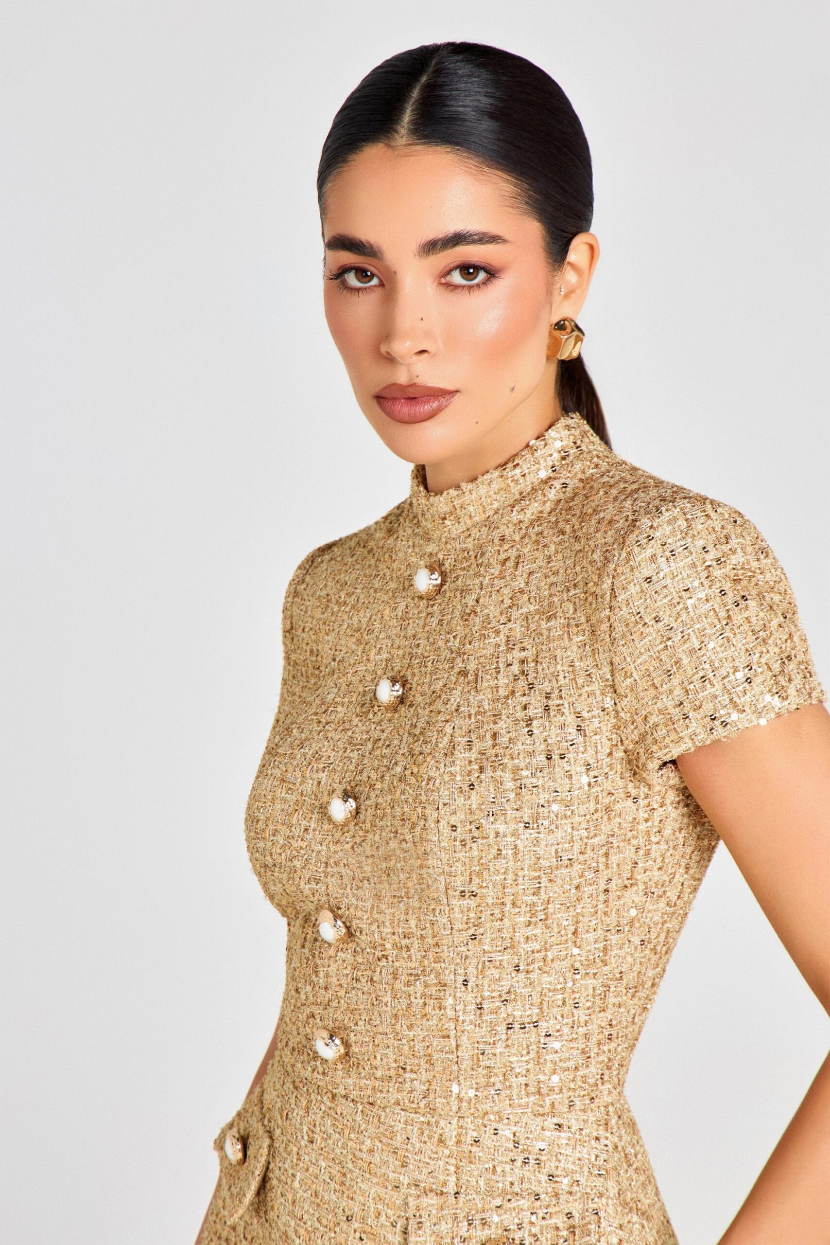 TIFFANY PEARL TWEED MINI DRESS GOLD COCKTAIL