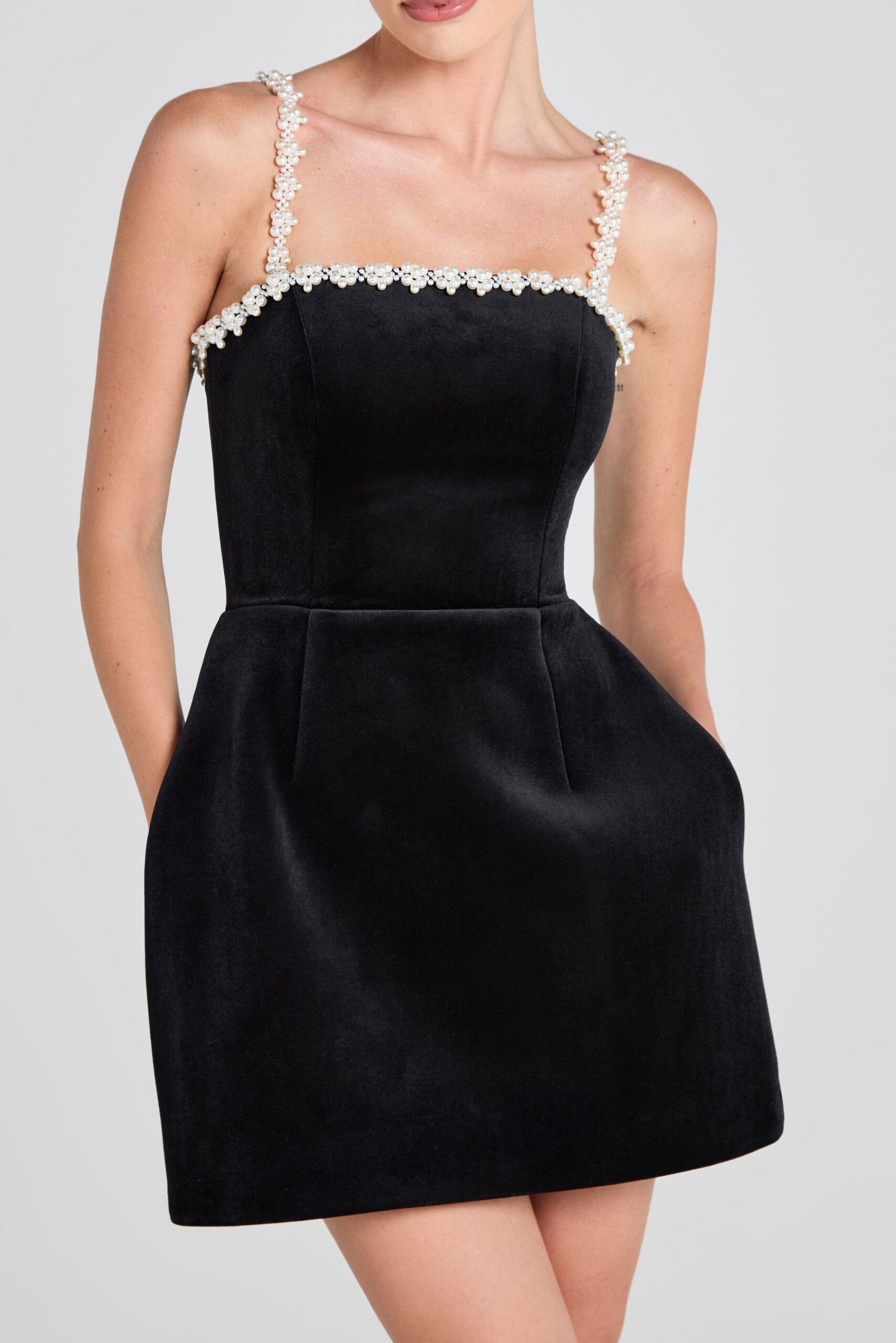 PEARL STRAP MINI DRESS, BLACK COCKTAIL