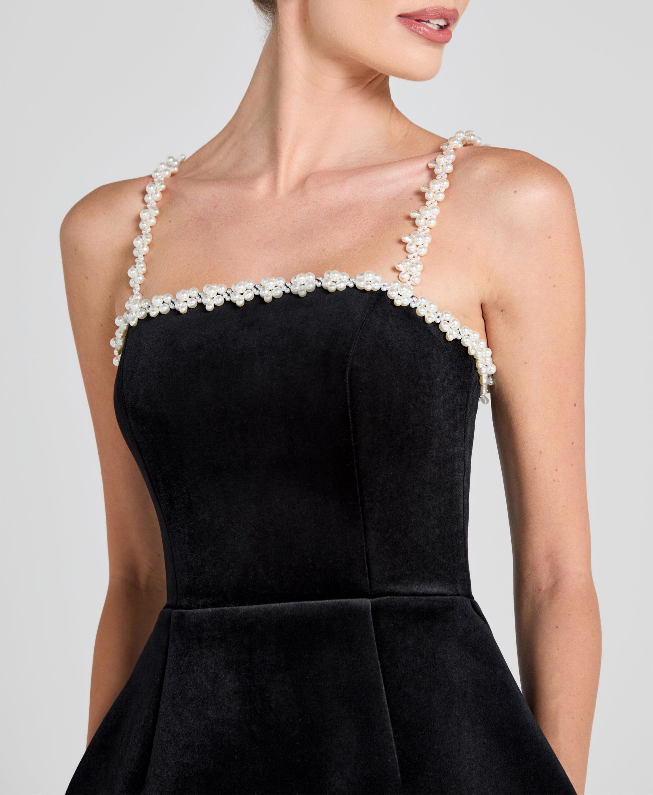PEARL STRAP MINI DRESS, BLACK COCKTAIL