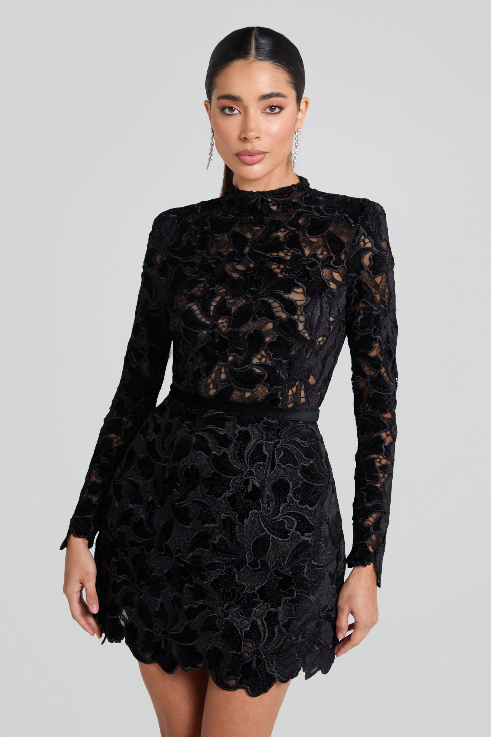 SHERRY LONG SLEEVE ZIPPER LACE MINI DRESS