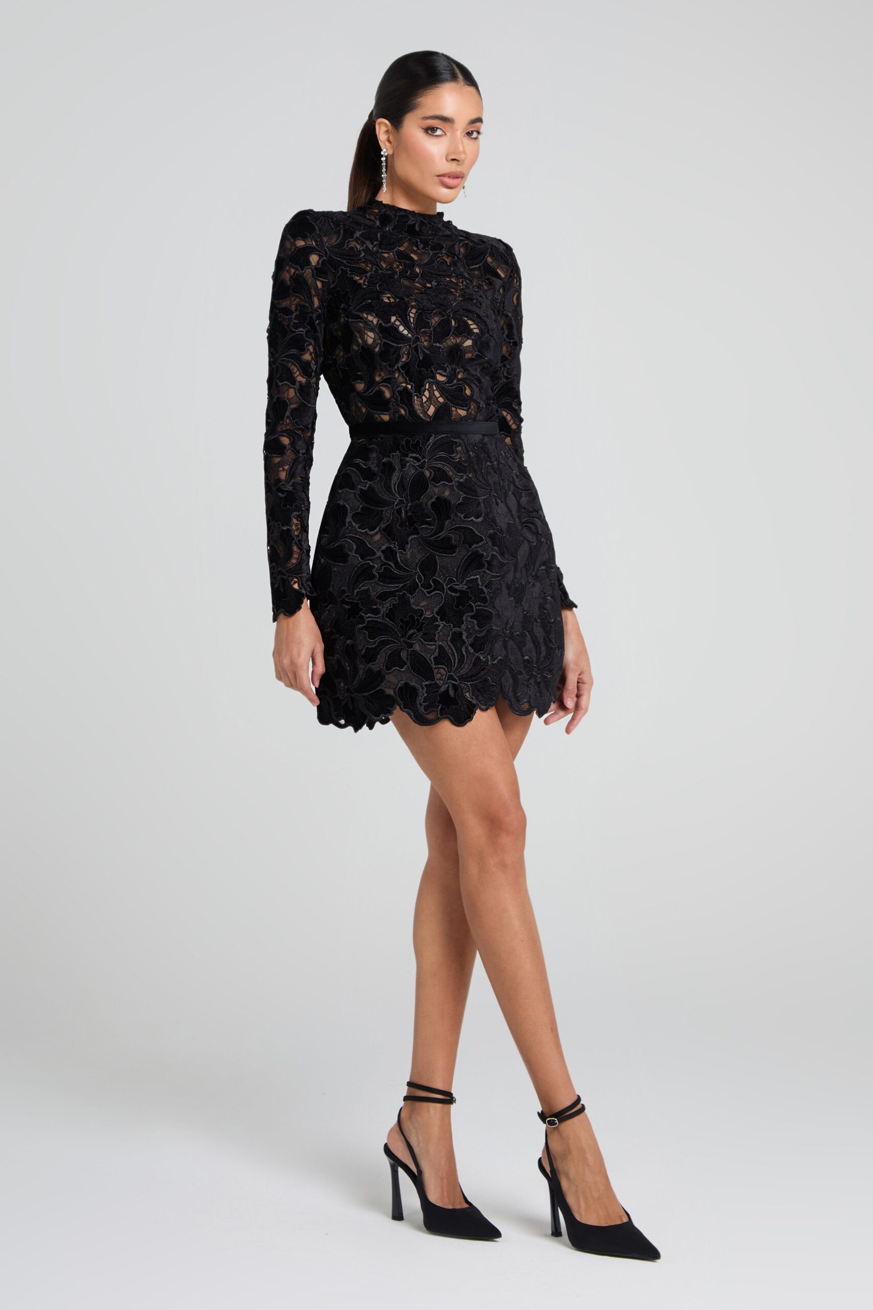 SHERRY LONG SLEEVE ZIPPER LACE MINI DRESS