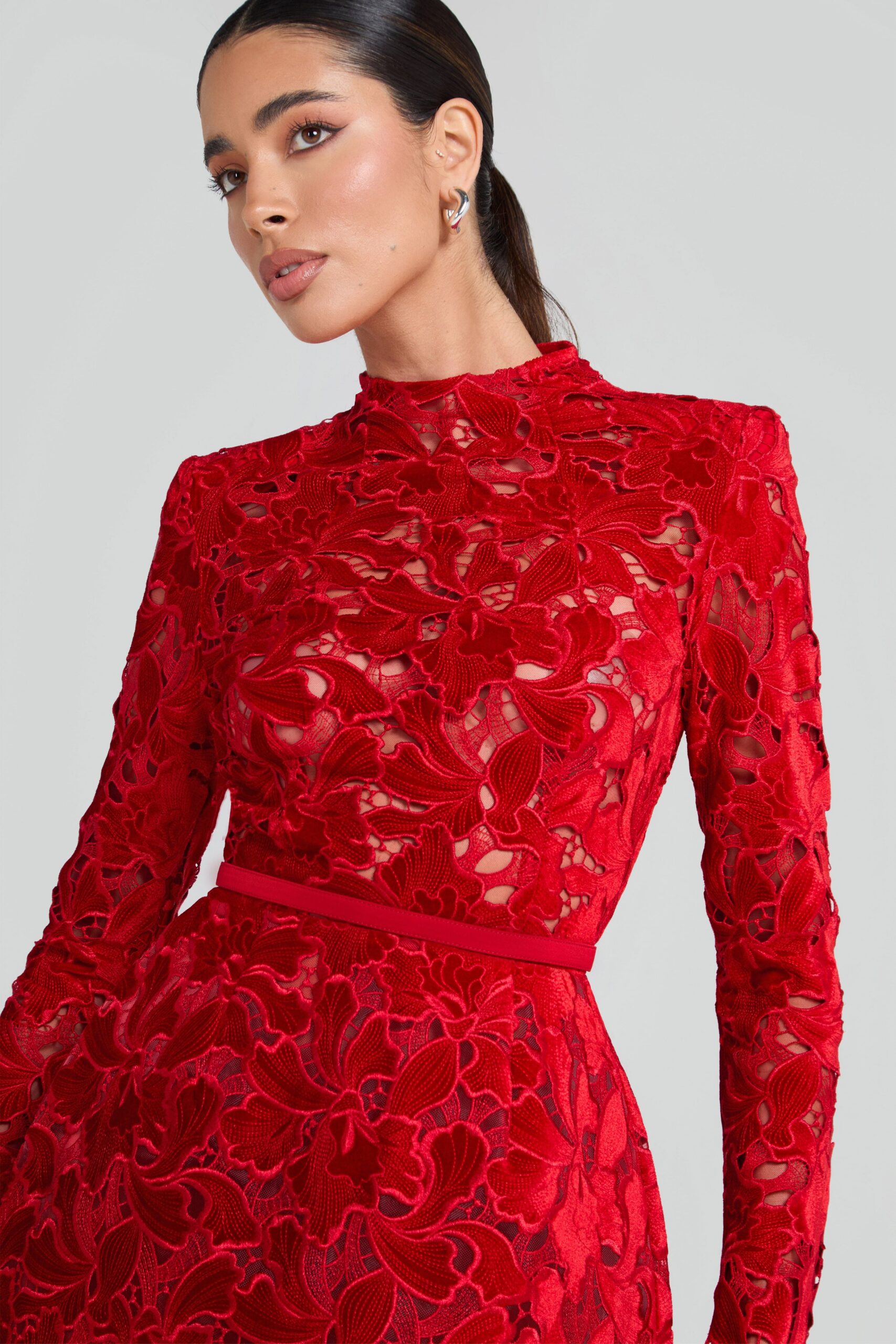 SHERRY RED LACE ZIPPER MINI DRESS, LONG SLEEVES