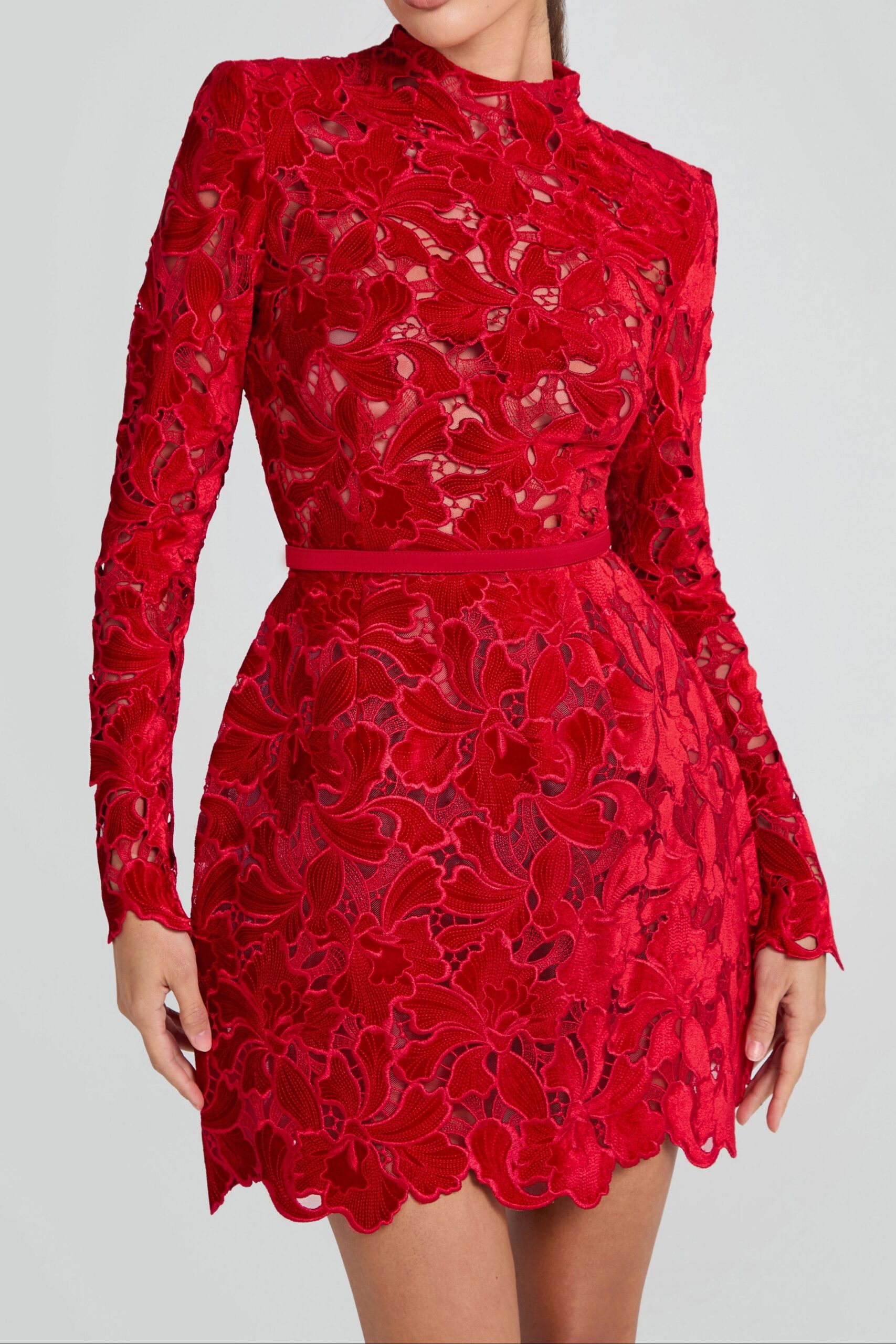 SHERRY RED LACE ZIPPER MINI DRESS, LONG SLEEVES
