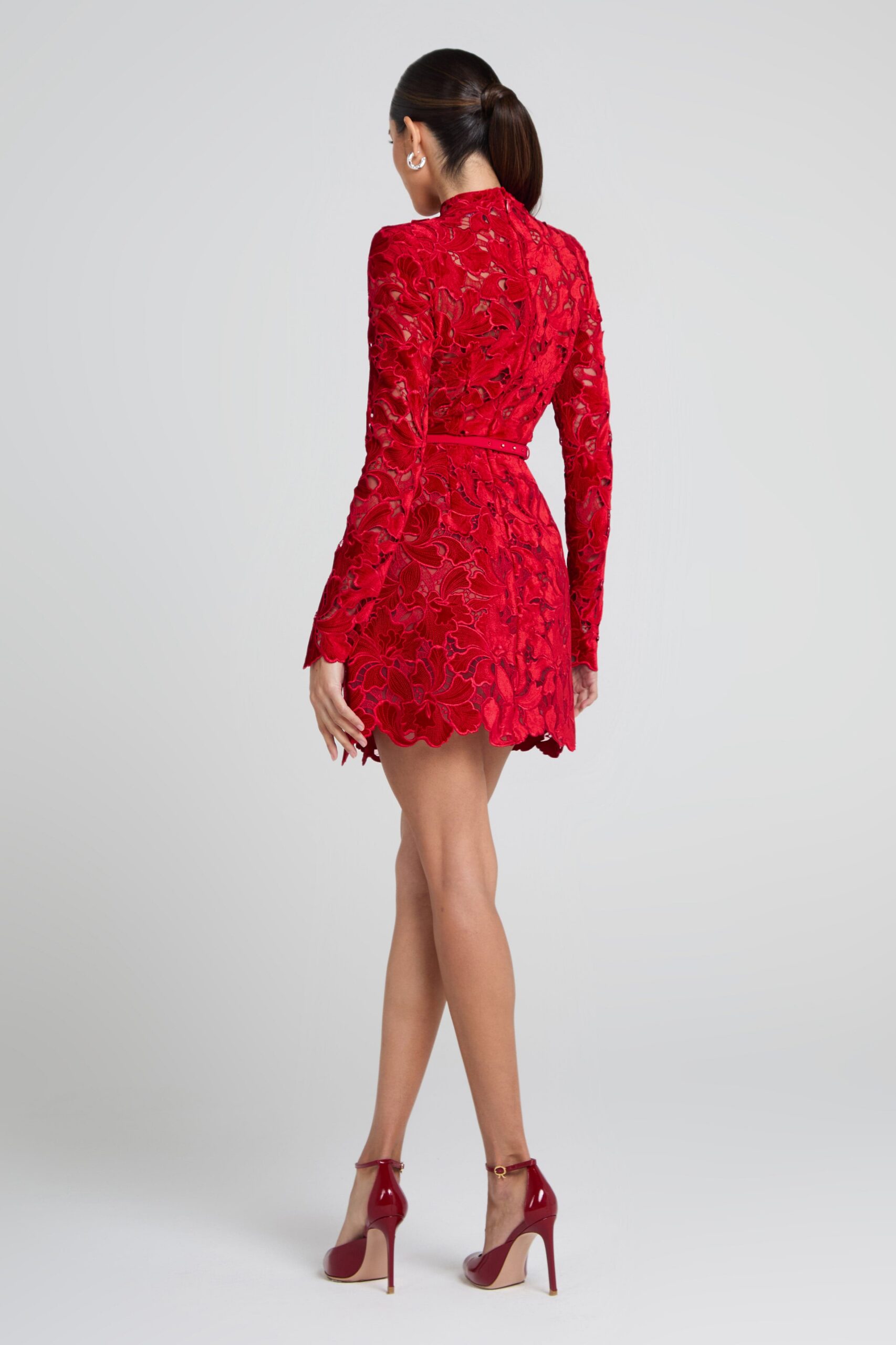 SHERRY RED LACE ZIPPER MINI DRESS, LONG SLEEVES