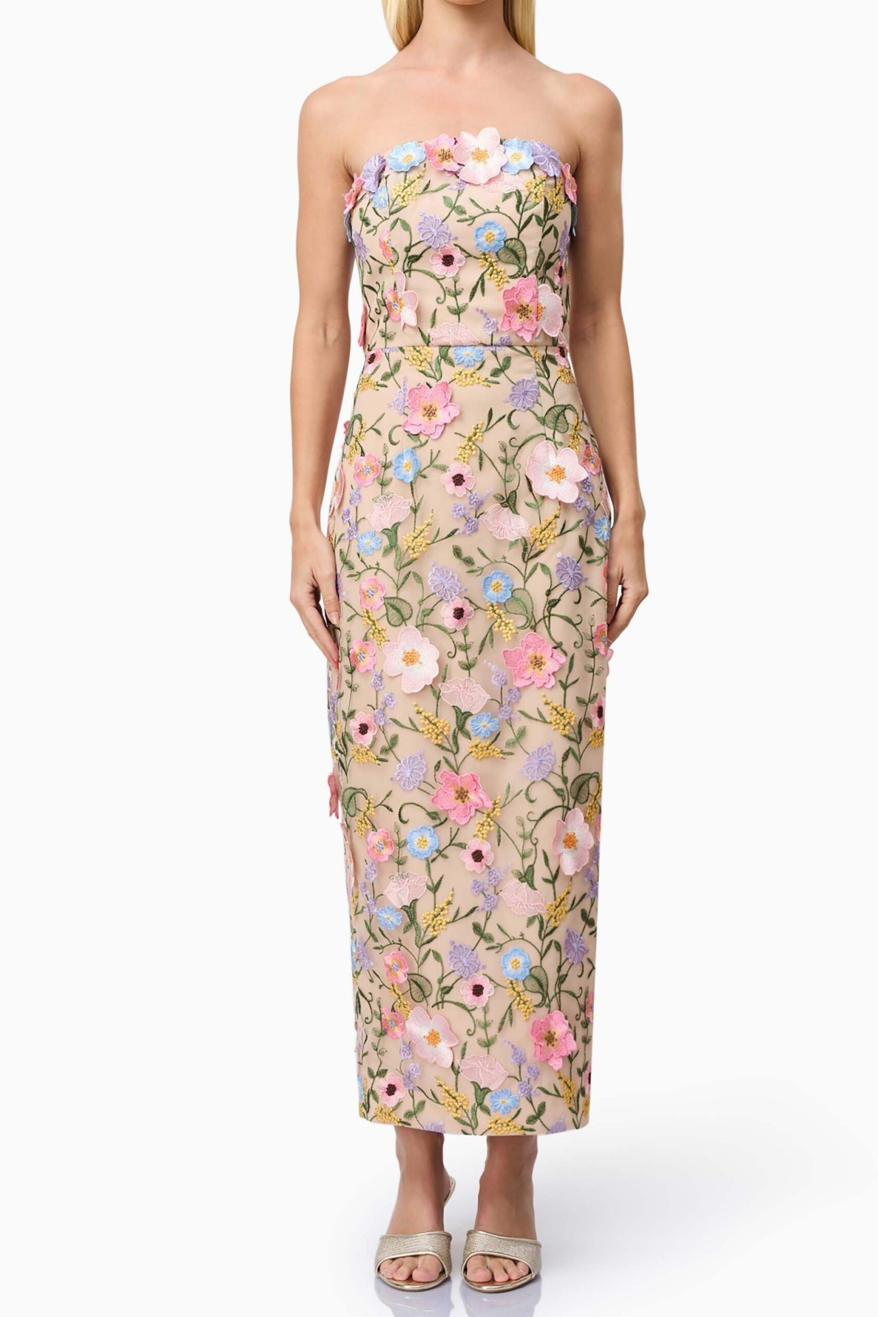 HELENA STRAPLESS FLORAL MIDI DRESS FOR WEDDING