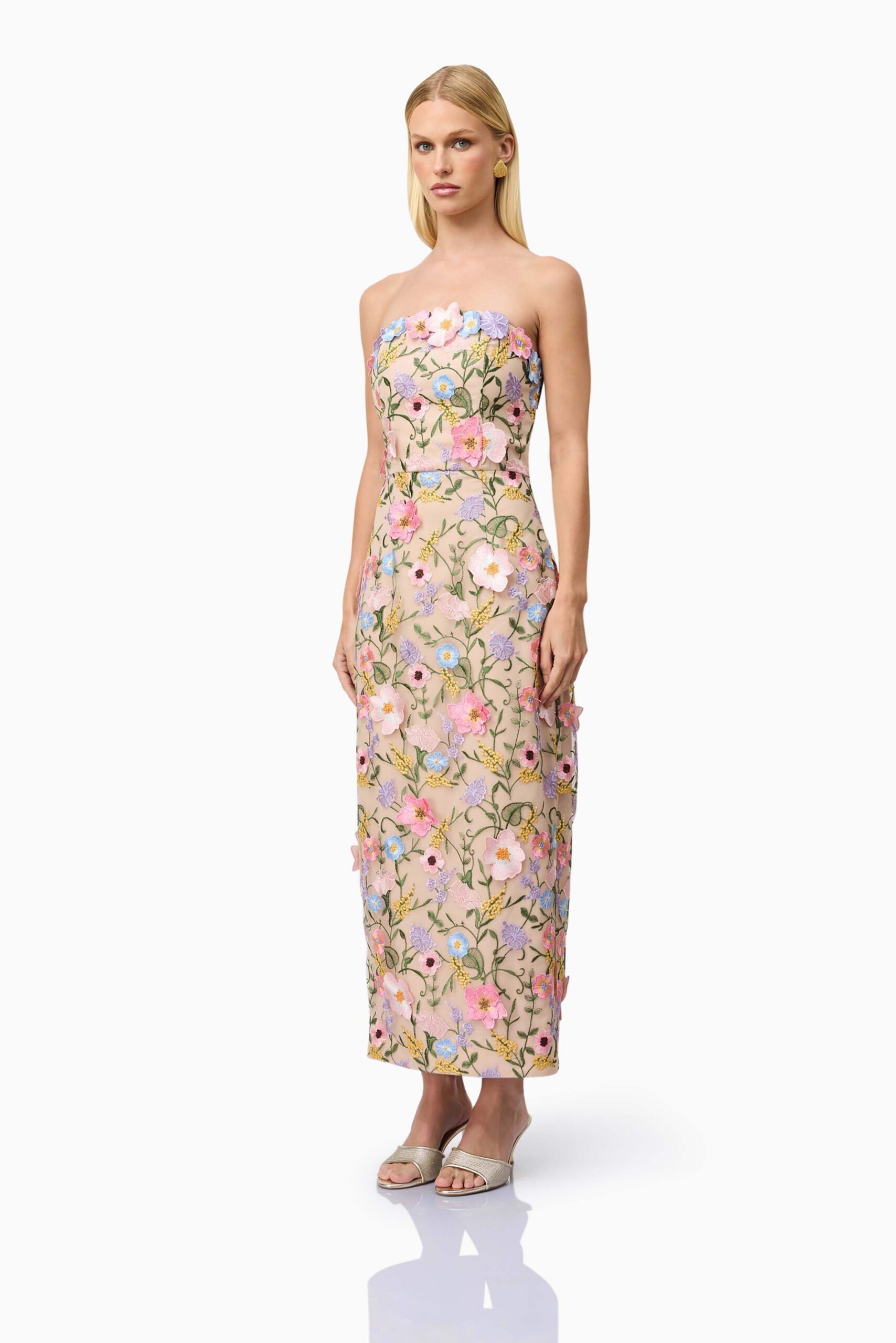 HELENA STRAPLESS FLORAL MIDI DRESS FOR WEDDING