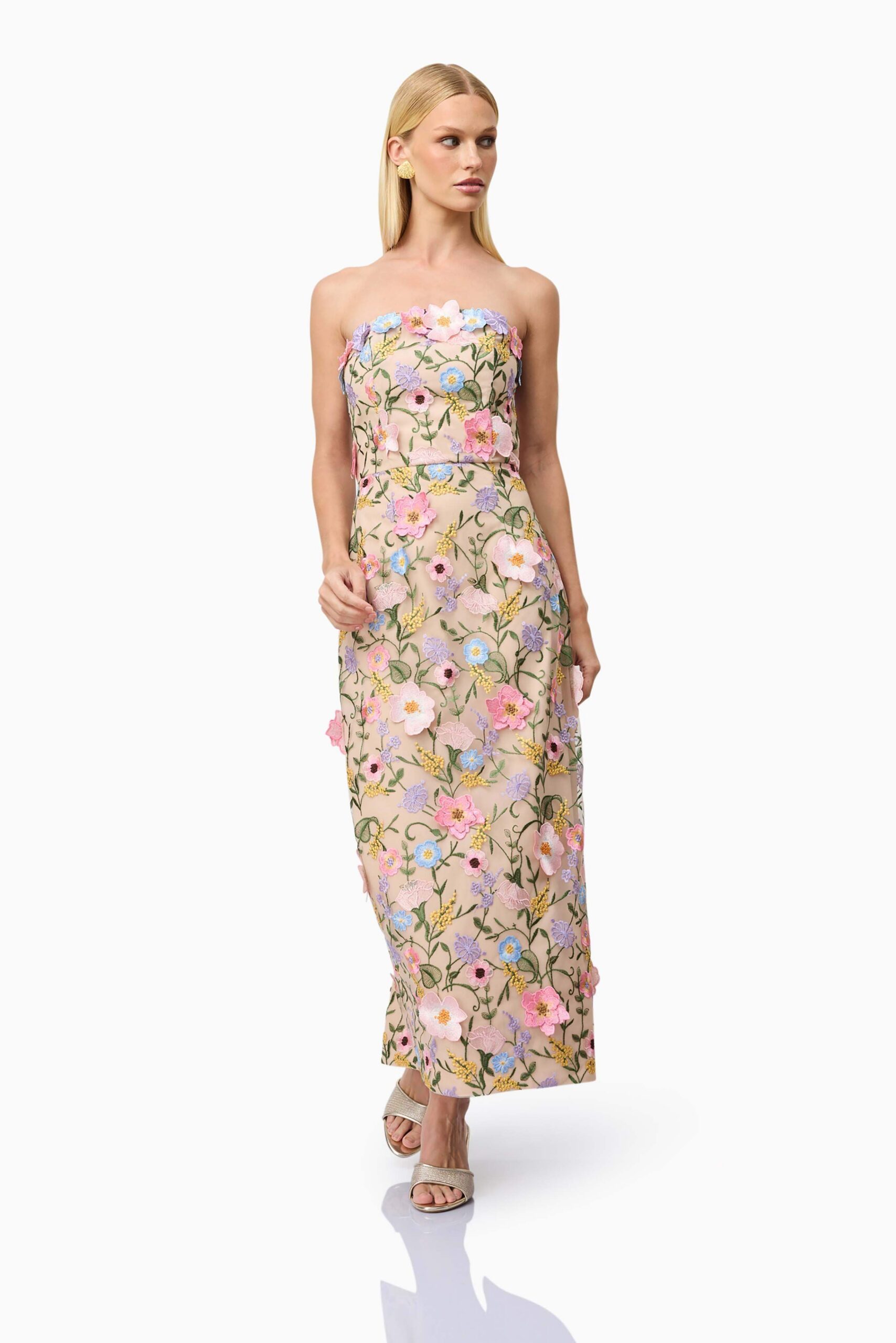 HELENA STRAPLESS FLORAL MIDI DRESS FOR WEDDING