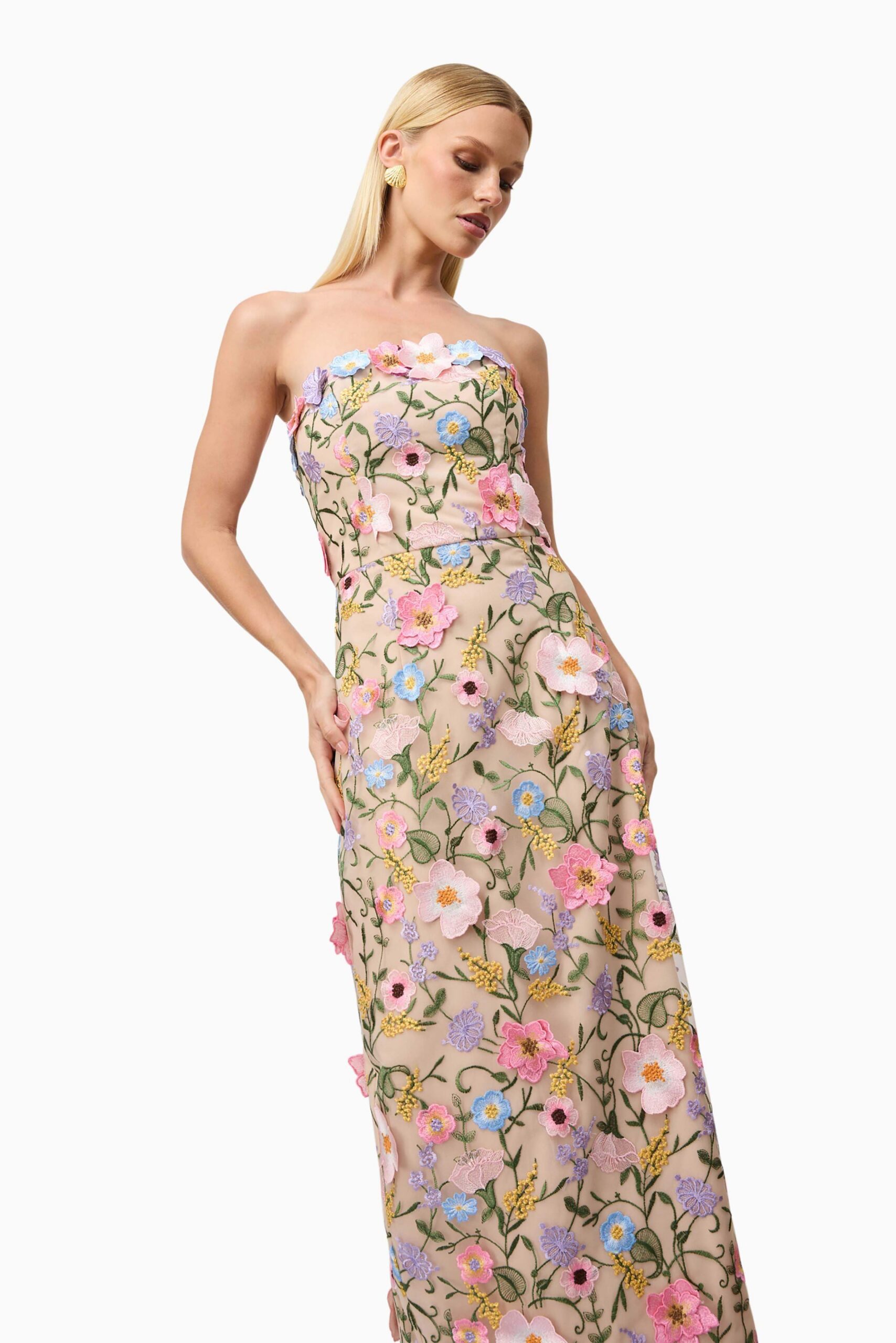 HELENA STRAPLESS FLORAL MIDI DRESS FOR WEDDING