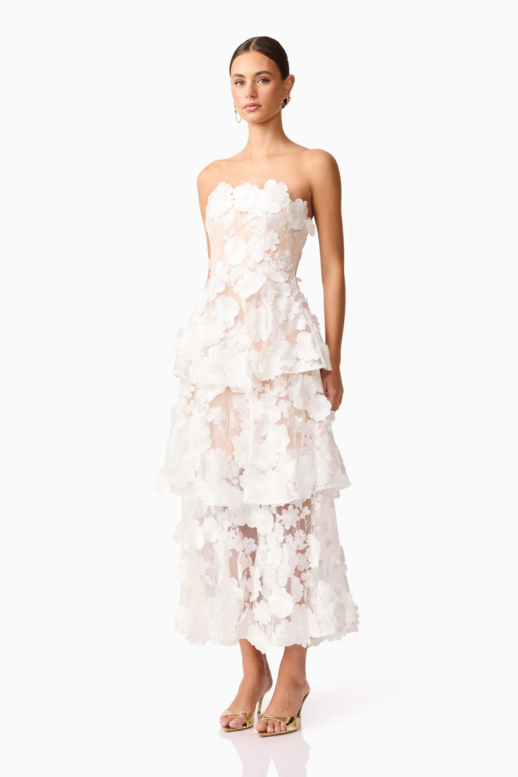 SELENE 3D FLOWER TIERED WHITE MAXI DRESS